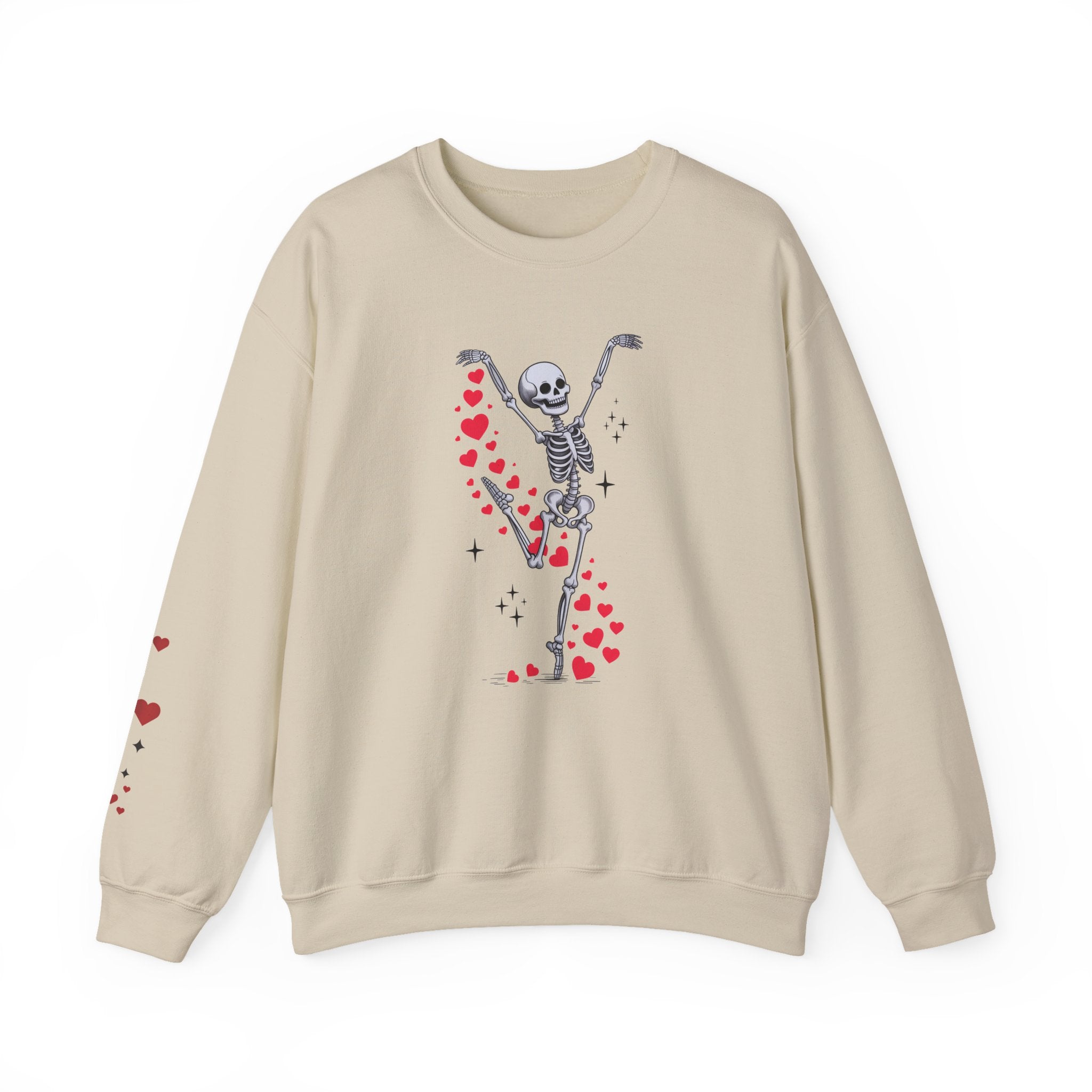 Skeleton Ballet Crewneck Sweatshirt — Dancing Skeleton with Hearts Sleeve
