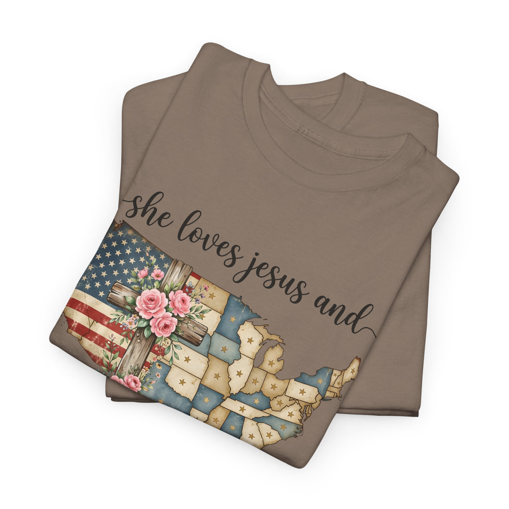 Patriotic Floral USA Tee - "She Loves Jesus and America Too" Christian Flag T-Shirt