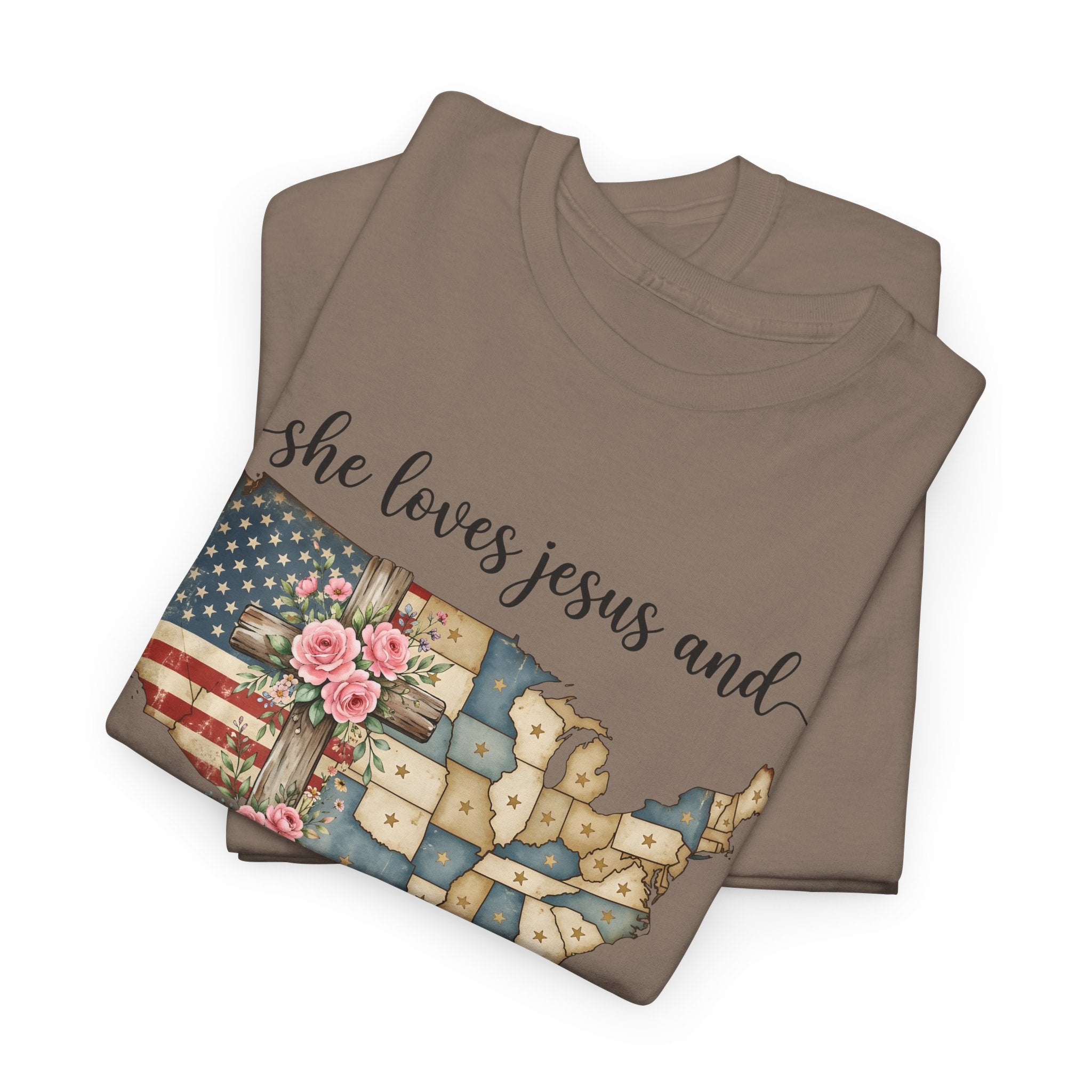 Patriotic Floral USA Tee - "She Loves Jesus and America Too" Christian Flag T-Shirt