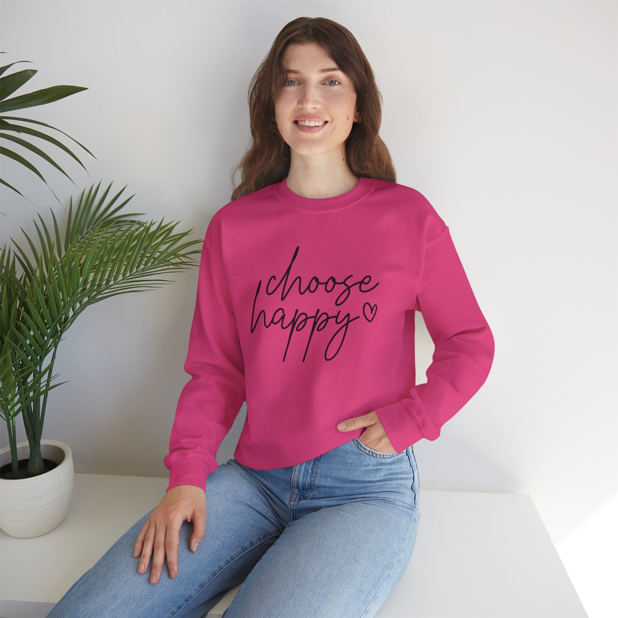 Choose Happy Crewneck Sweatshirt — Cozy Inspirational Pullover with Script Heart