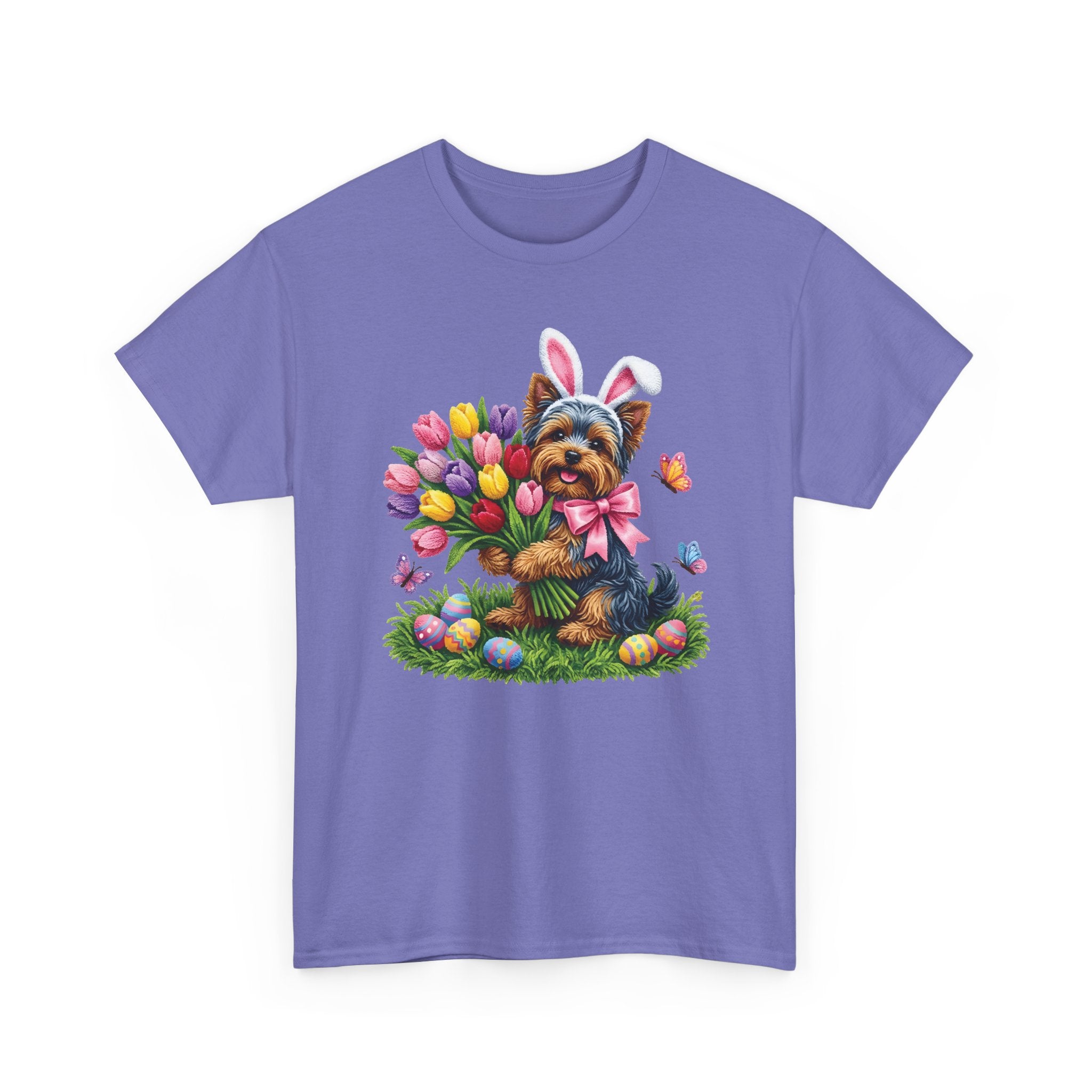 Easter Yorkie Tee — Cute Puppy with Tulips & Bunny Ears Graphic Shirt
