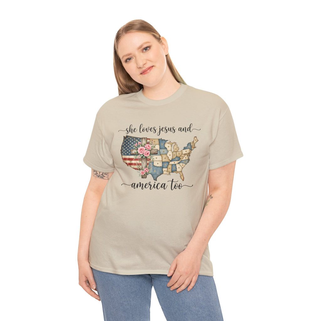Patriotic Floral USA Tee - "She Loves Jesus and America Too" Christian Flag T-Shirt