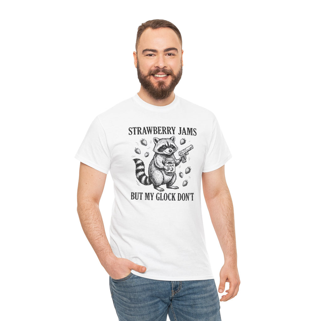 Strawberry Jams But My Glock Don’t T-Shirt — Funny Raccoon Gun Graphic Tee