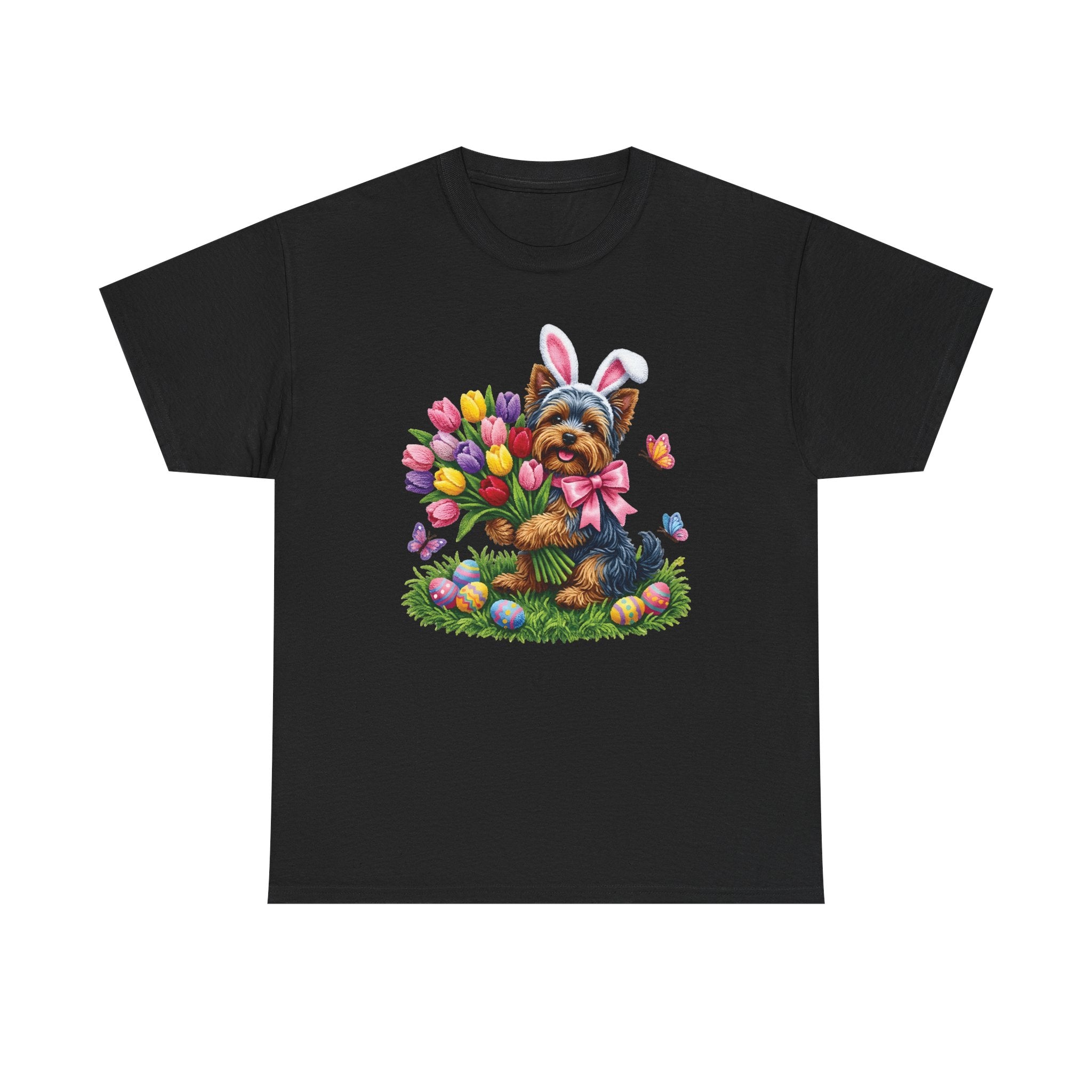 Easter Yorkie Tee — Cute Puppy with Tulips & Bunny Ears Graphic Shirt