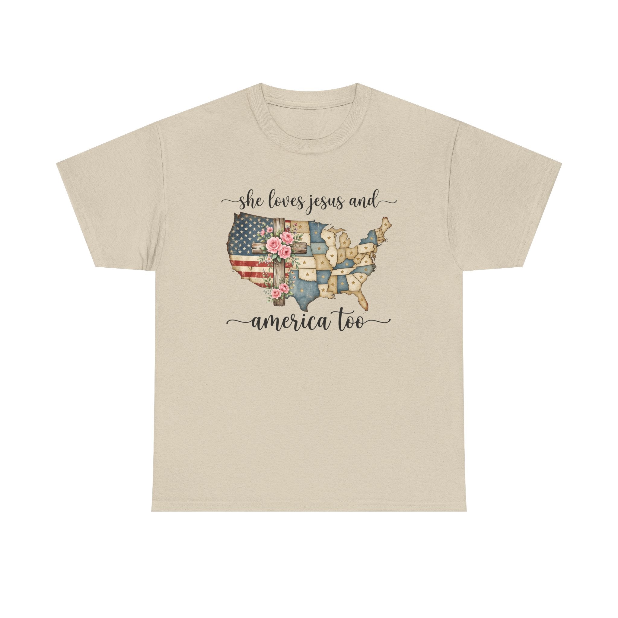 Patriotic Floral USA Tee - "She Loves Jesus and America Too" Christian Flag T-Shirt