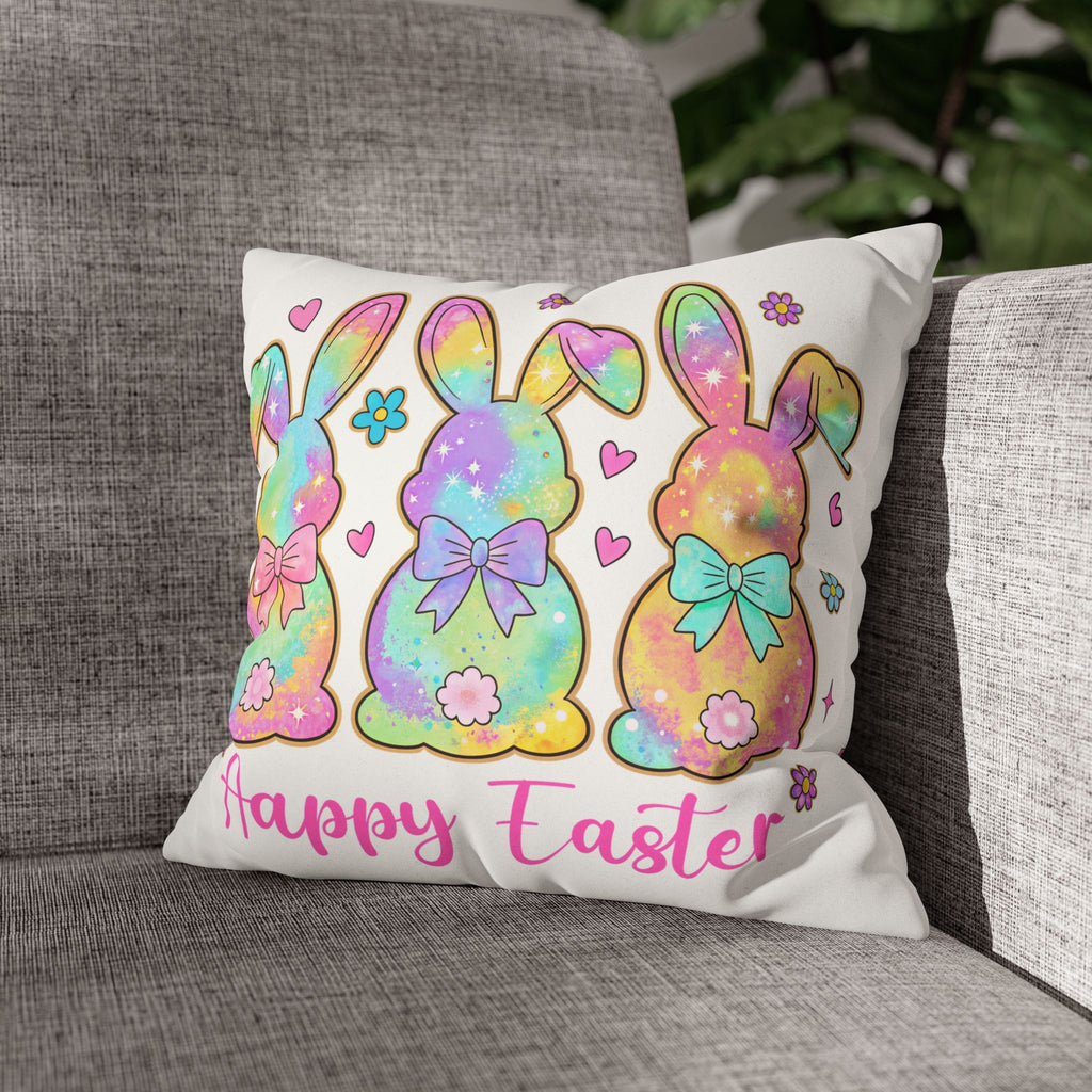 Easter Bunny Pillowcase – Pastel Rainbow "Happy Easter" Faux Suede Throw Pillow Cover