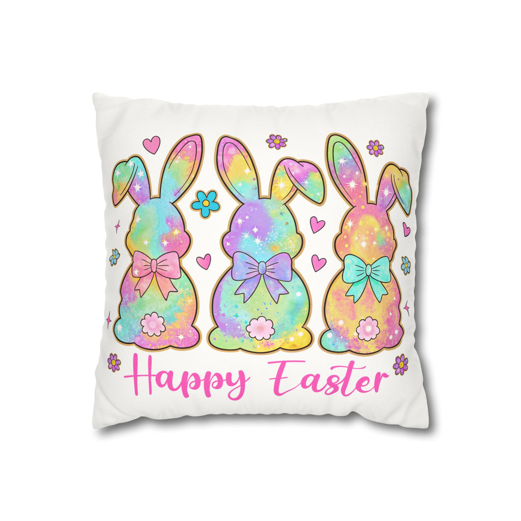 Easter Bunny Pillowcase – Pastel Rainbow "Happy Easter" Faux Suede Throw Pillow Cover