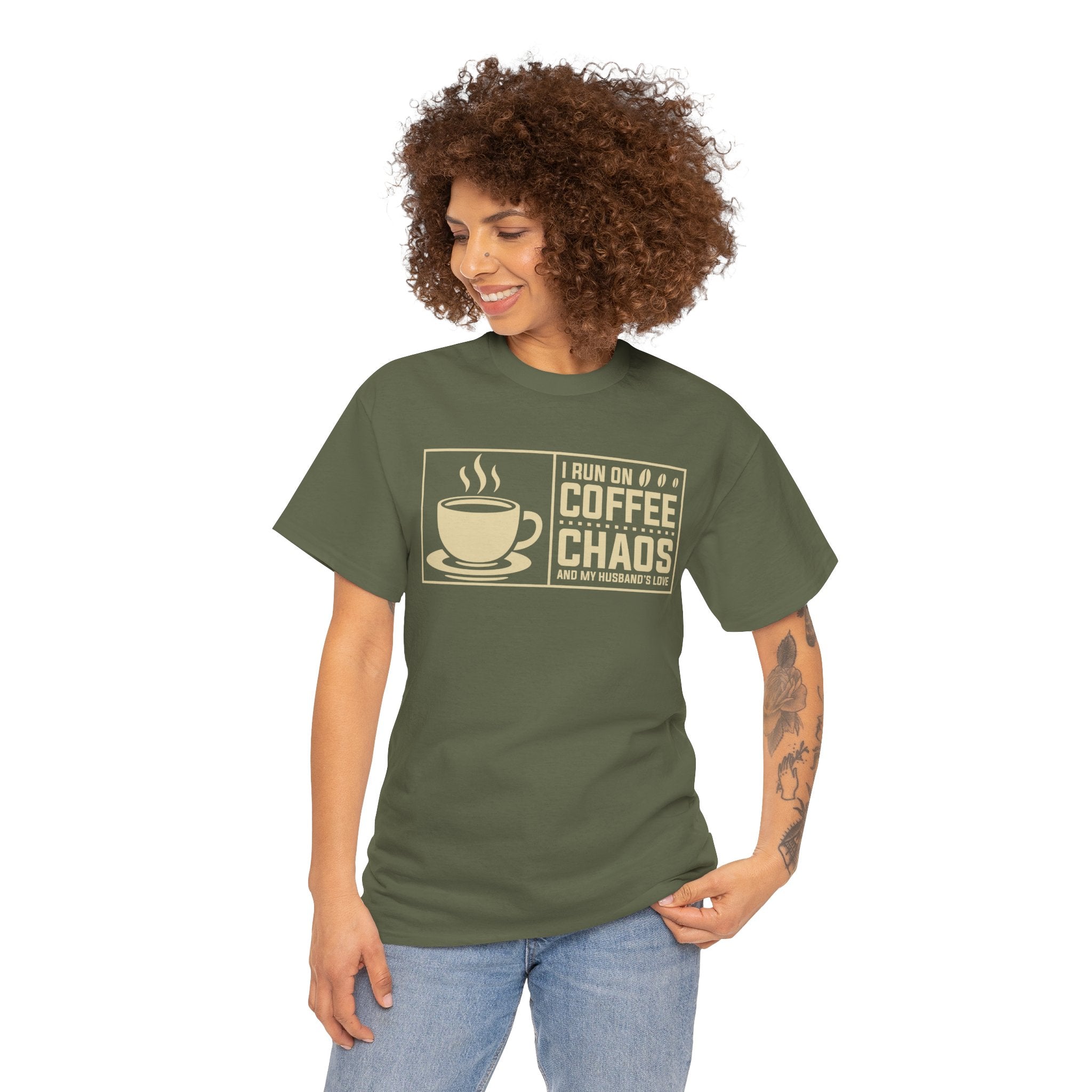 Coffee Chaos T‑Shirt — I Run On Coffee, Chaos And My Husband's Love