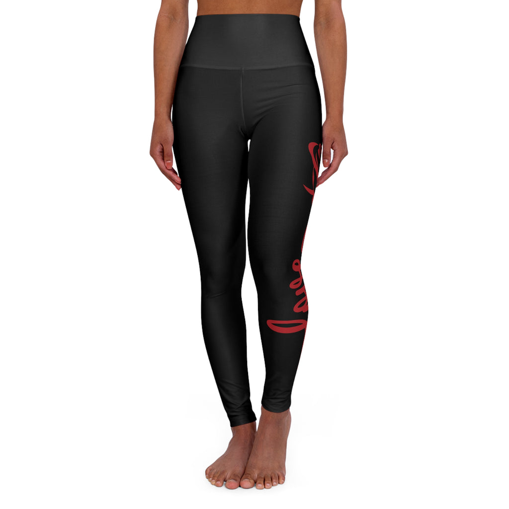 High-Waisted Yoga Leggings — Black with Red Script Love And Rose Side Graphic