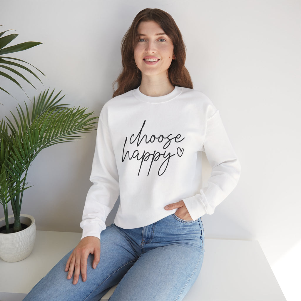 Choose Happy Crewneck Sweatshirt — Cozy Inspirational Pullover with Script Heart