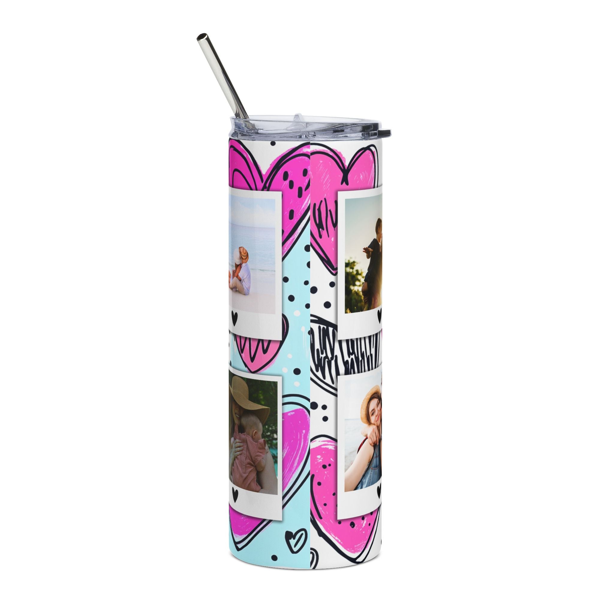 Personalized Watercolor Hearts Photo Name Tumbler - 20oz Stainless Steel Tumbler