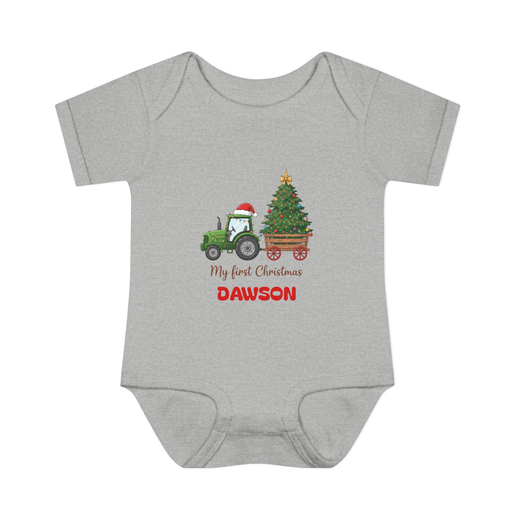 Personalized "My First Christmas" Baby Bodysuit — Tractor & Tree Infant Onesie