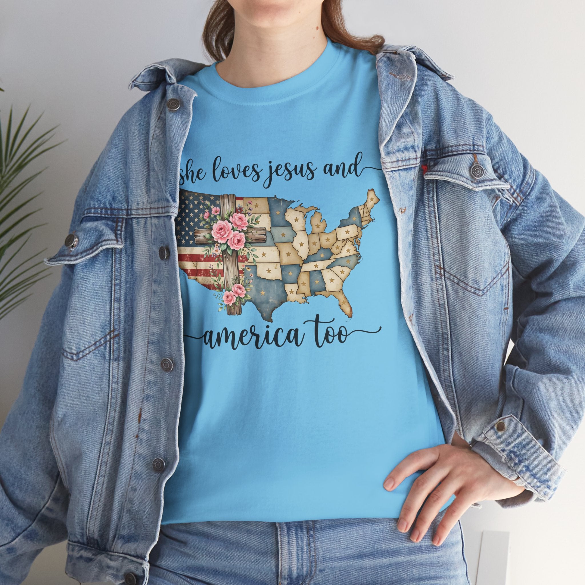 Patriotic Floral USA Tee - "She Loves Jesus and America Too" Christian Flag T-Shirt