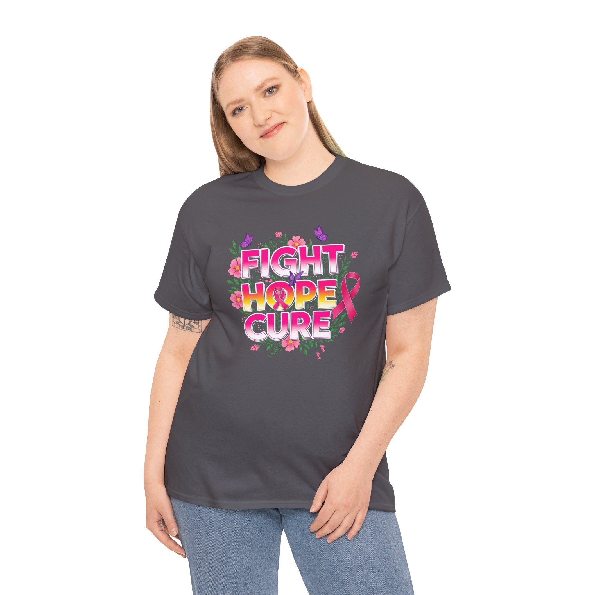 Breast Cancer Awareness Tee – "Fight Hope Cure" Pink Ribbon Floral Shirt