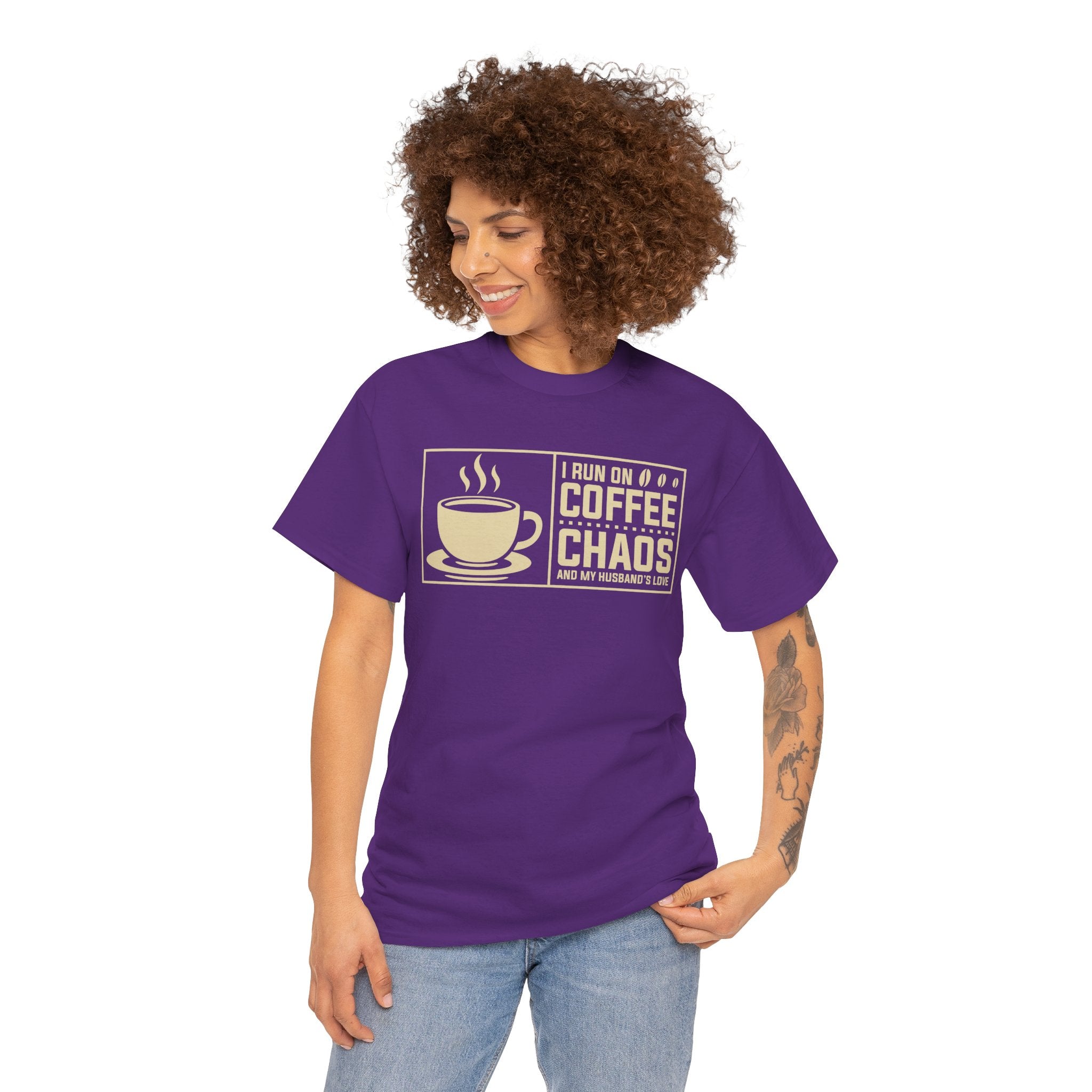 Coffee Chaos T‑Shirt — I Run On Coffee, Chaos And My Husband's Love
