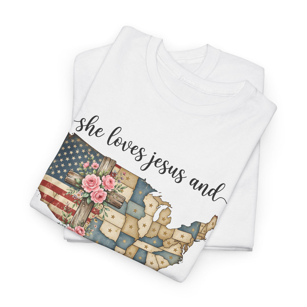 Patriotic Floral USA Tee - "She Loves Jesus and America Too" Christian Flag T-Shirt