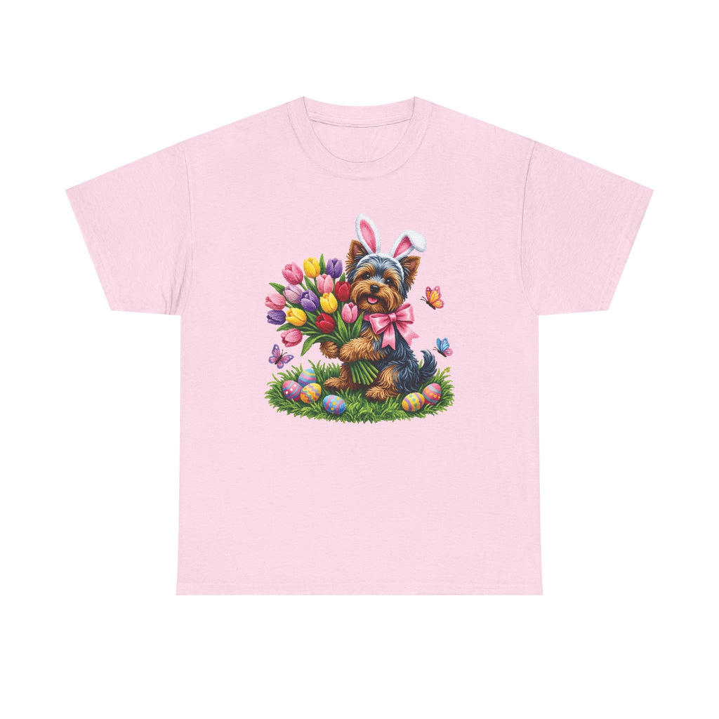 Easter Yorkie Tee — Cute Puppy with Tulips & Bunny Ears Graphic Shirt