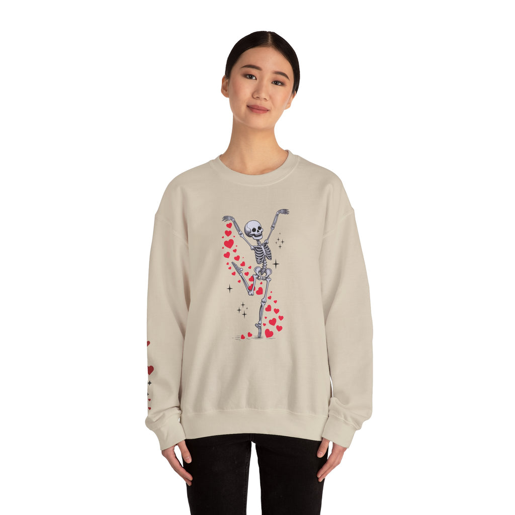 Skeleton Ballet Crewneck Sweatshirt — Dancing Skeleton with Hearts Sleeve