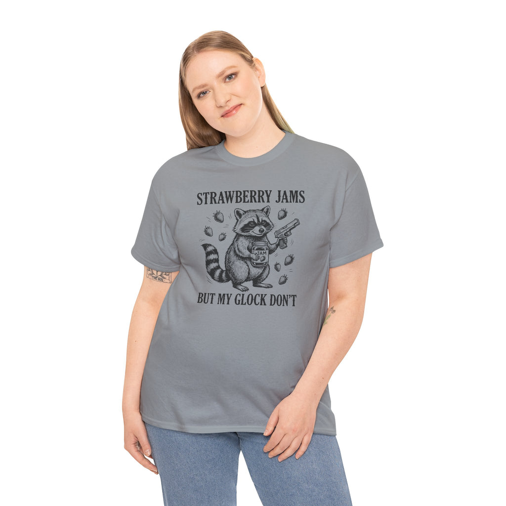 Strawberry Jams But My Glock Don’t T-Shirt — Funny Raccoon Gun Graphic Tee