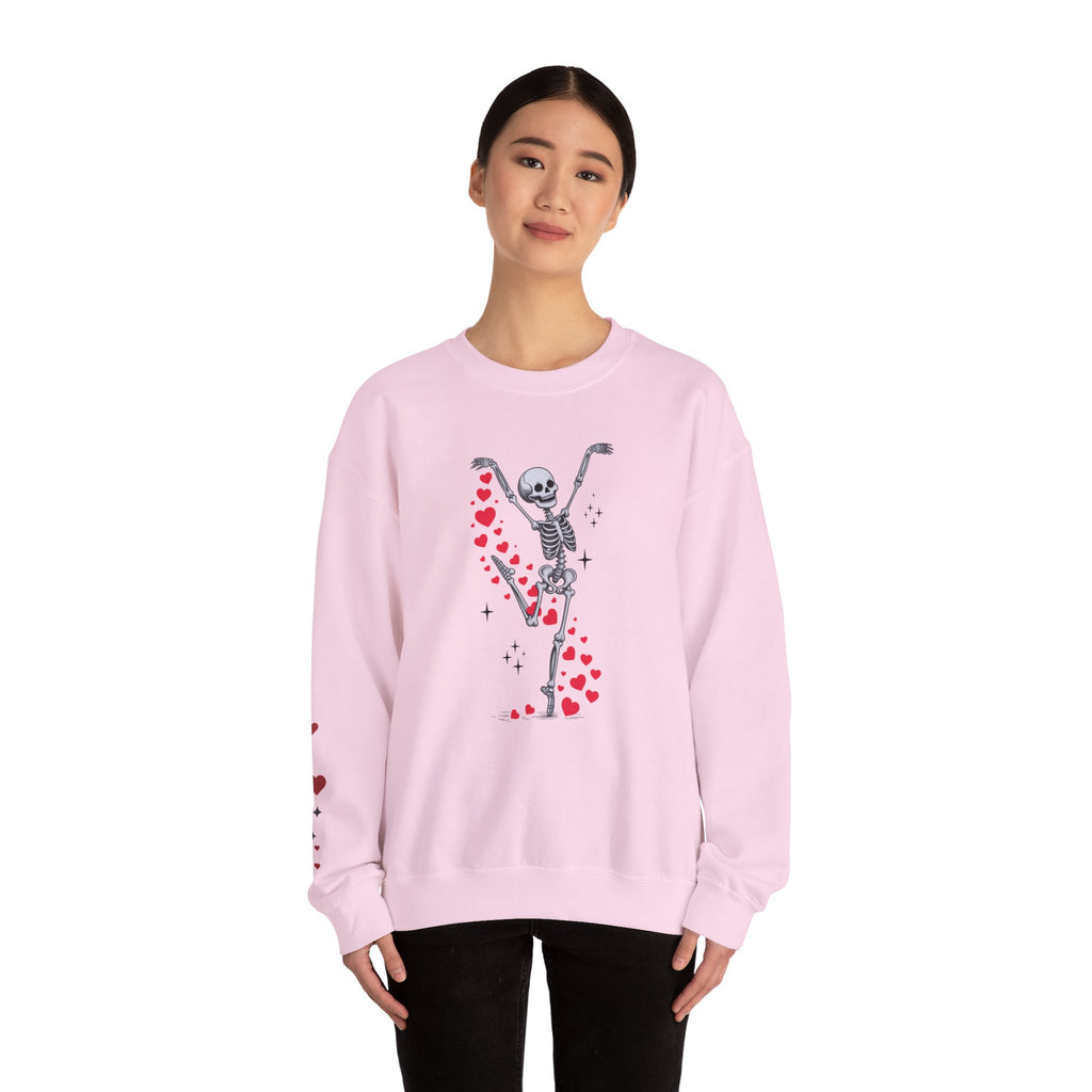 Skeleton Ballet Crewneck Sweatshirt — Dancing Skeleton with Hearts Sleeve