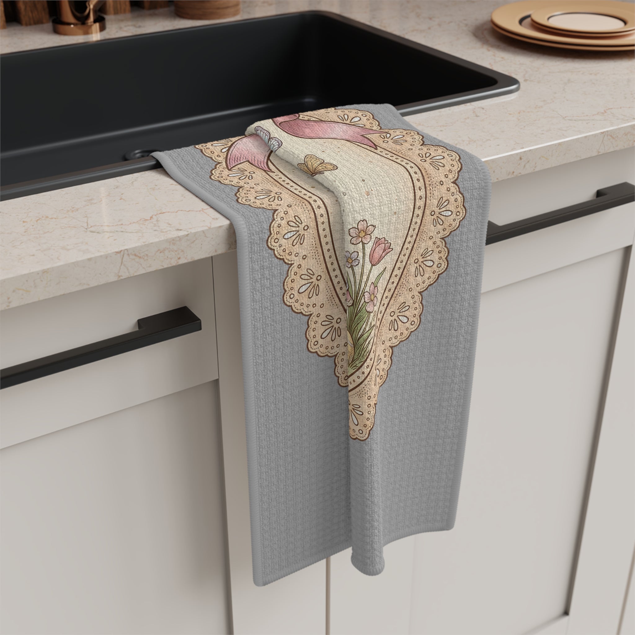 Easter Bunny Vintage Tea Towel — Microfiber Kitchen Towel with Basket & Chicks Design