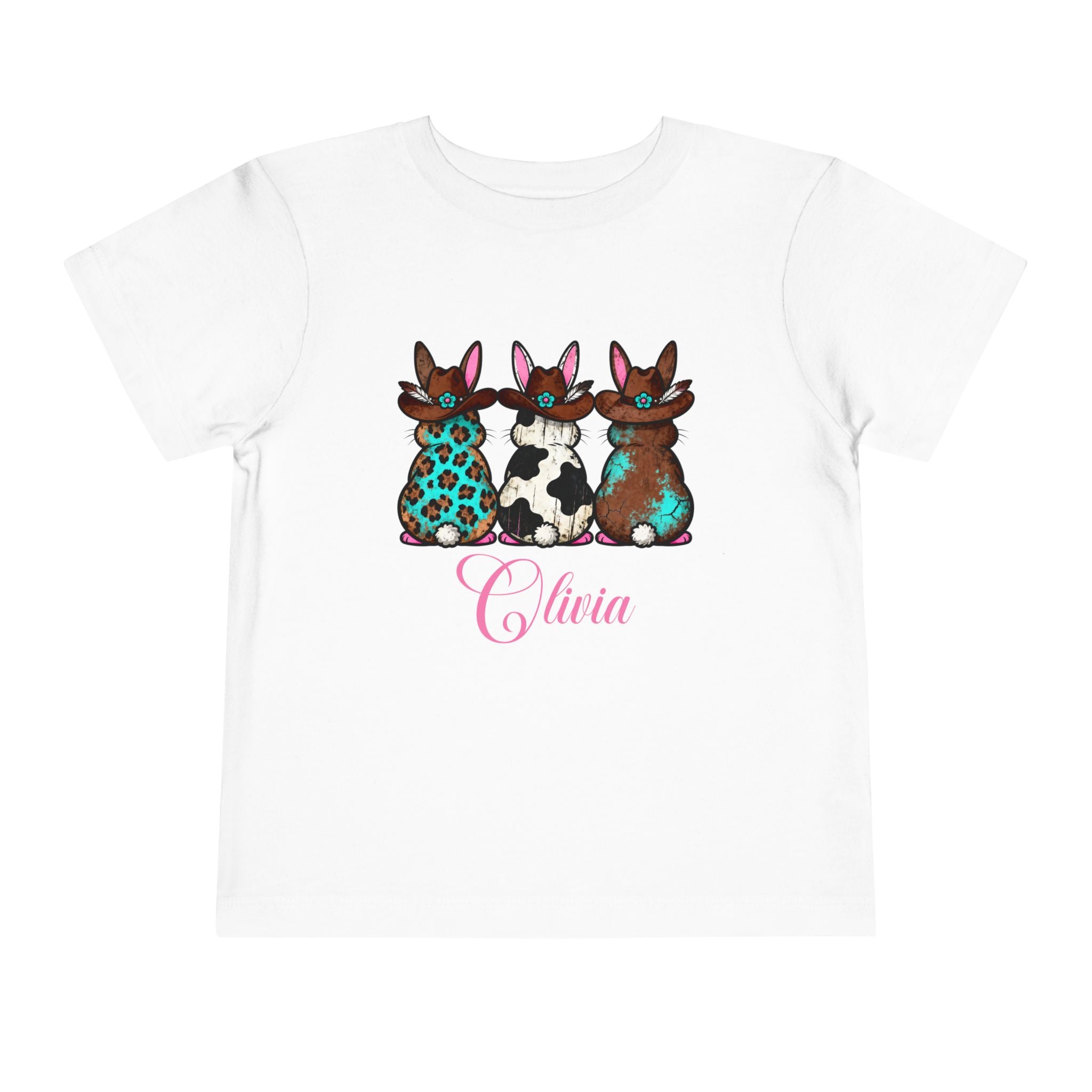 Personalized Toddler Tee — Floral Bow Bunny Trio with Name
