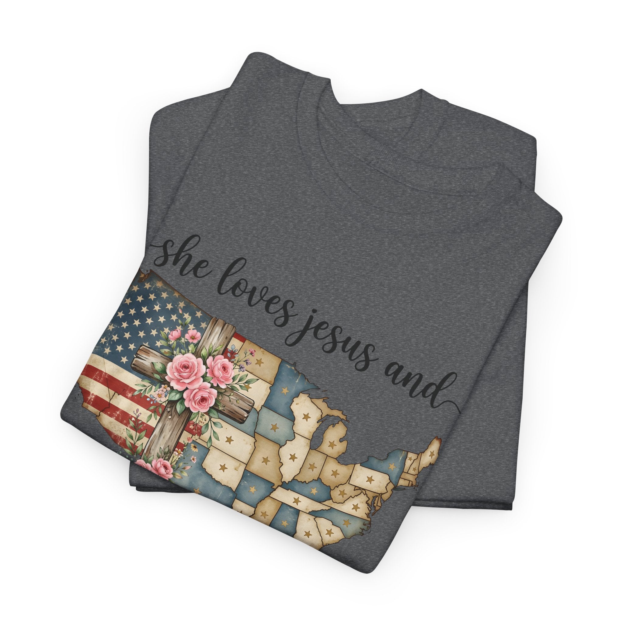 Patriotic Floral USA Tee - "She Loves Jesus and America Too" Christian Flag T-Shirt
