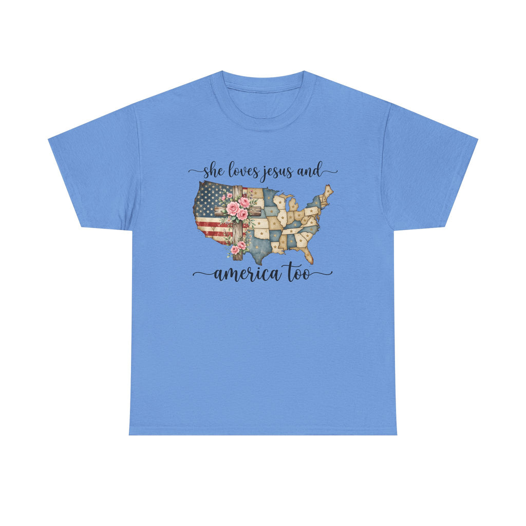 Patriotic Floral USA Tee - "She Loves Jesus and America Too" Christian Flag T-Shirt