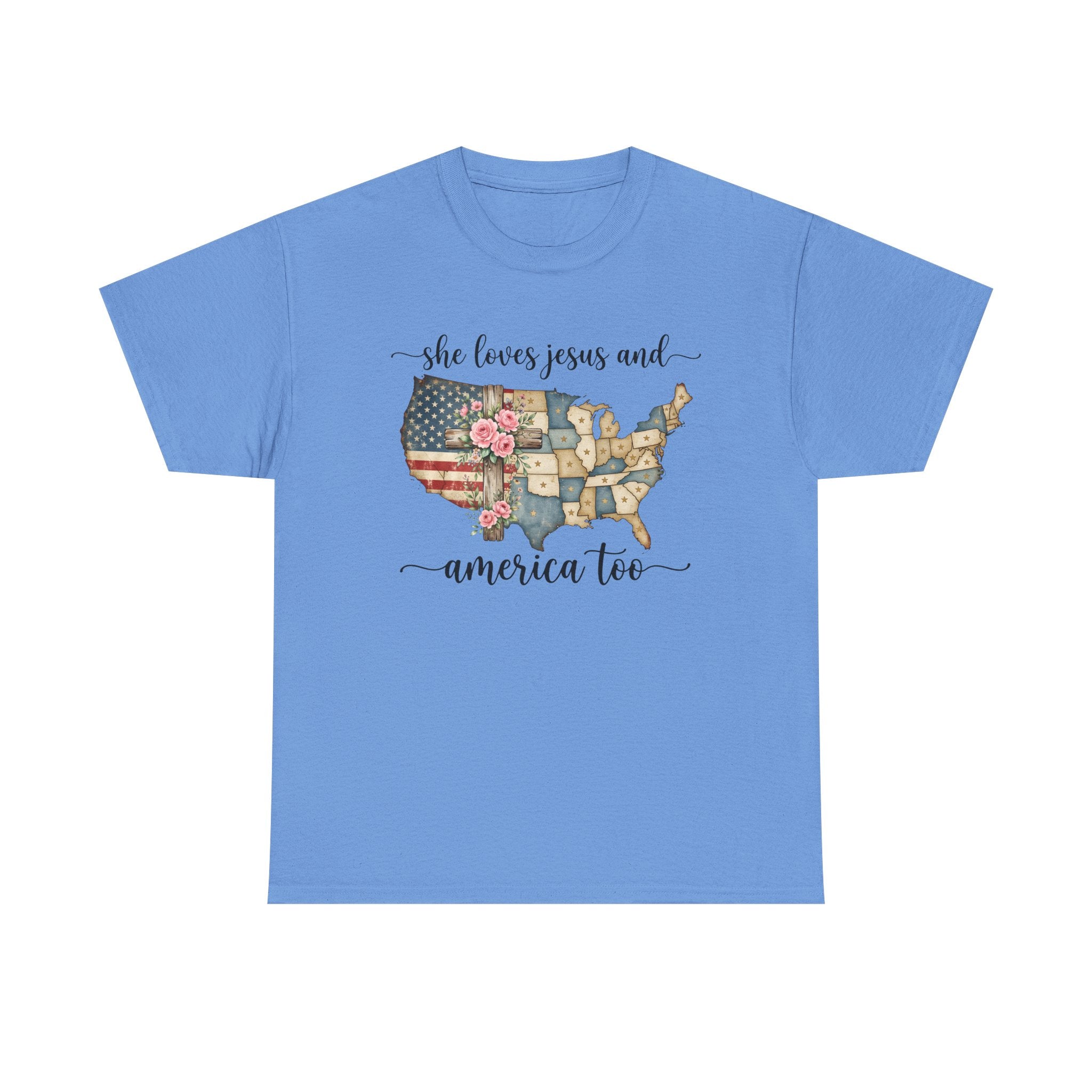 Patriotic Floral USA Tee - "She Loves Jesus and America Too" Christian Flag T-Shirt