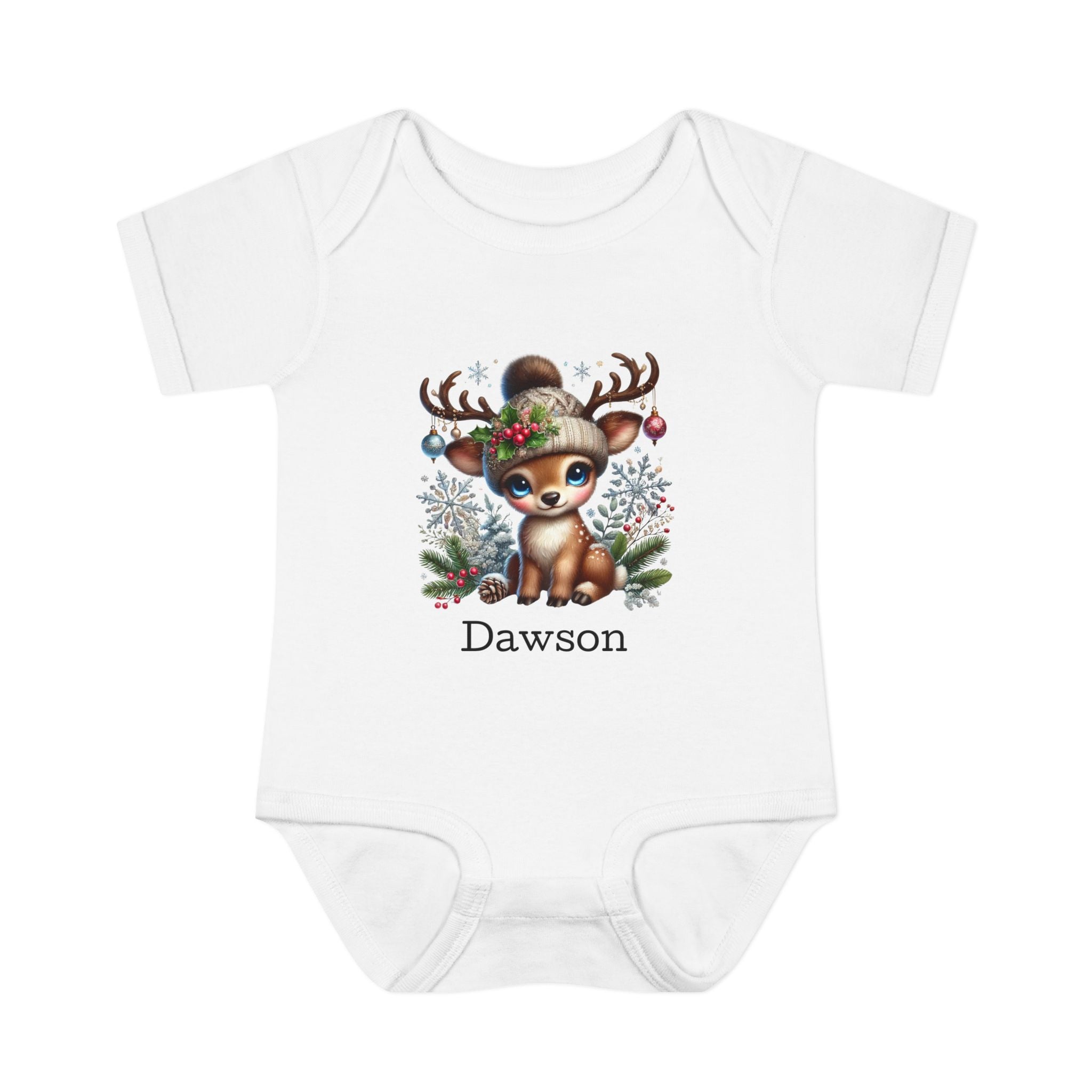 Personalized Festive Deer Baby Bodysuit — | Custom Name Infant One Piece