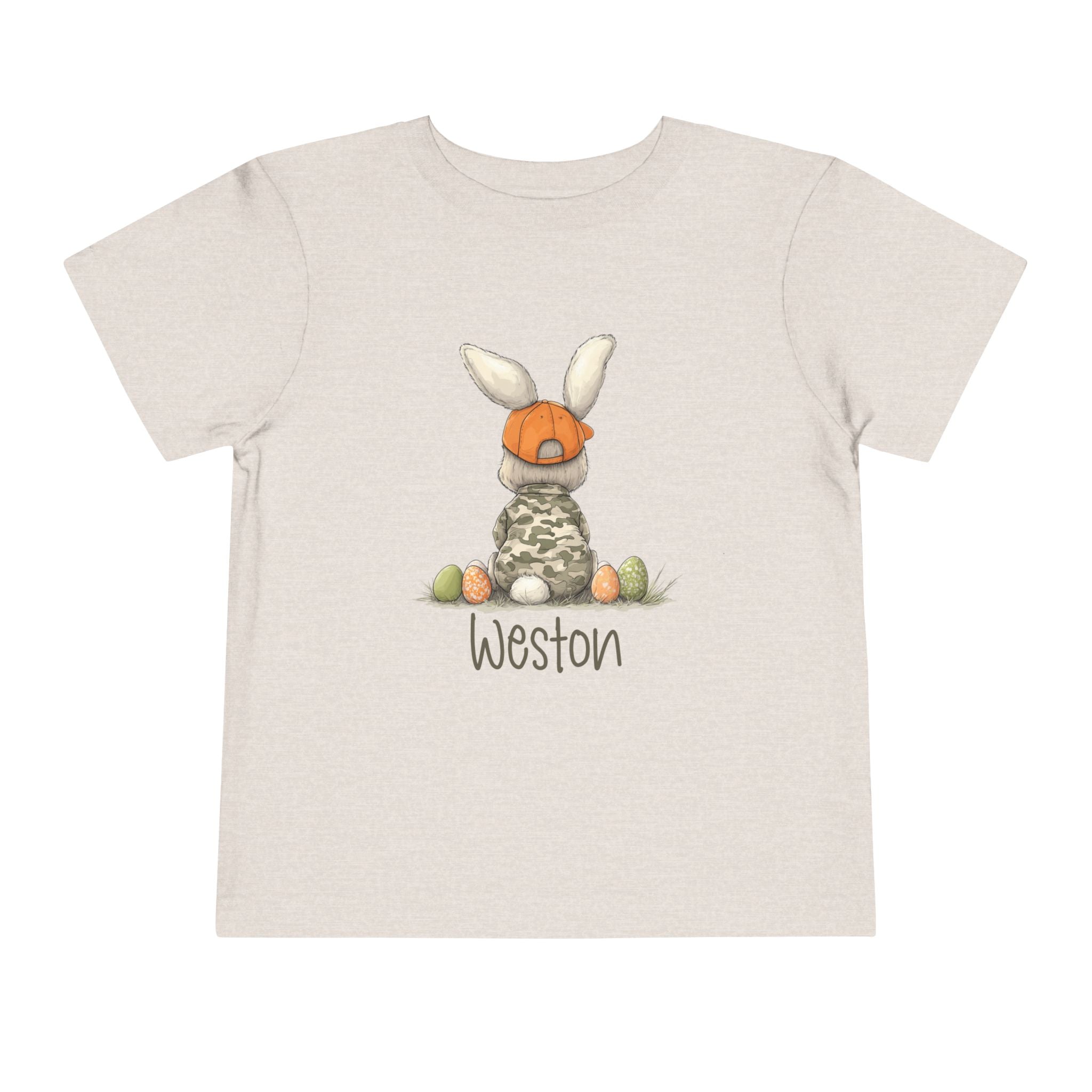 Personalized Toddler Tee — Camouflage Bunny with Orange Cap (Name Customizable)