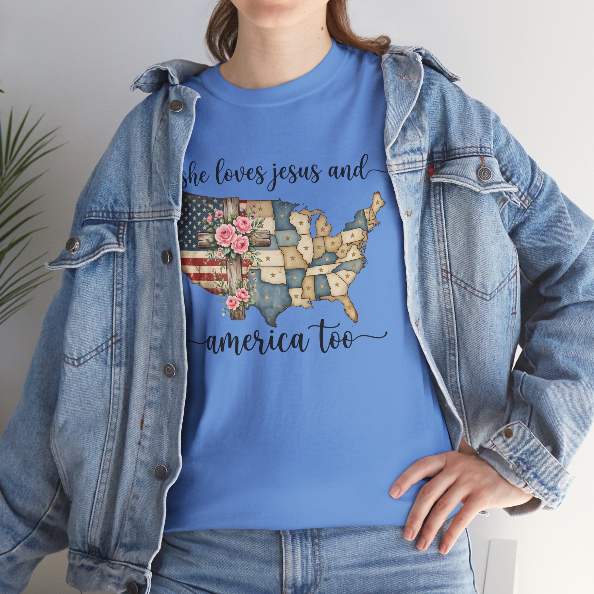 Patriotic Floral USA Tee - "She Loves Jesus and America Too" Christian Flag T-Shirt