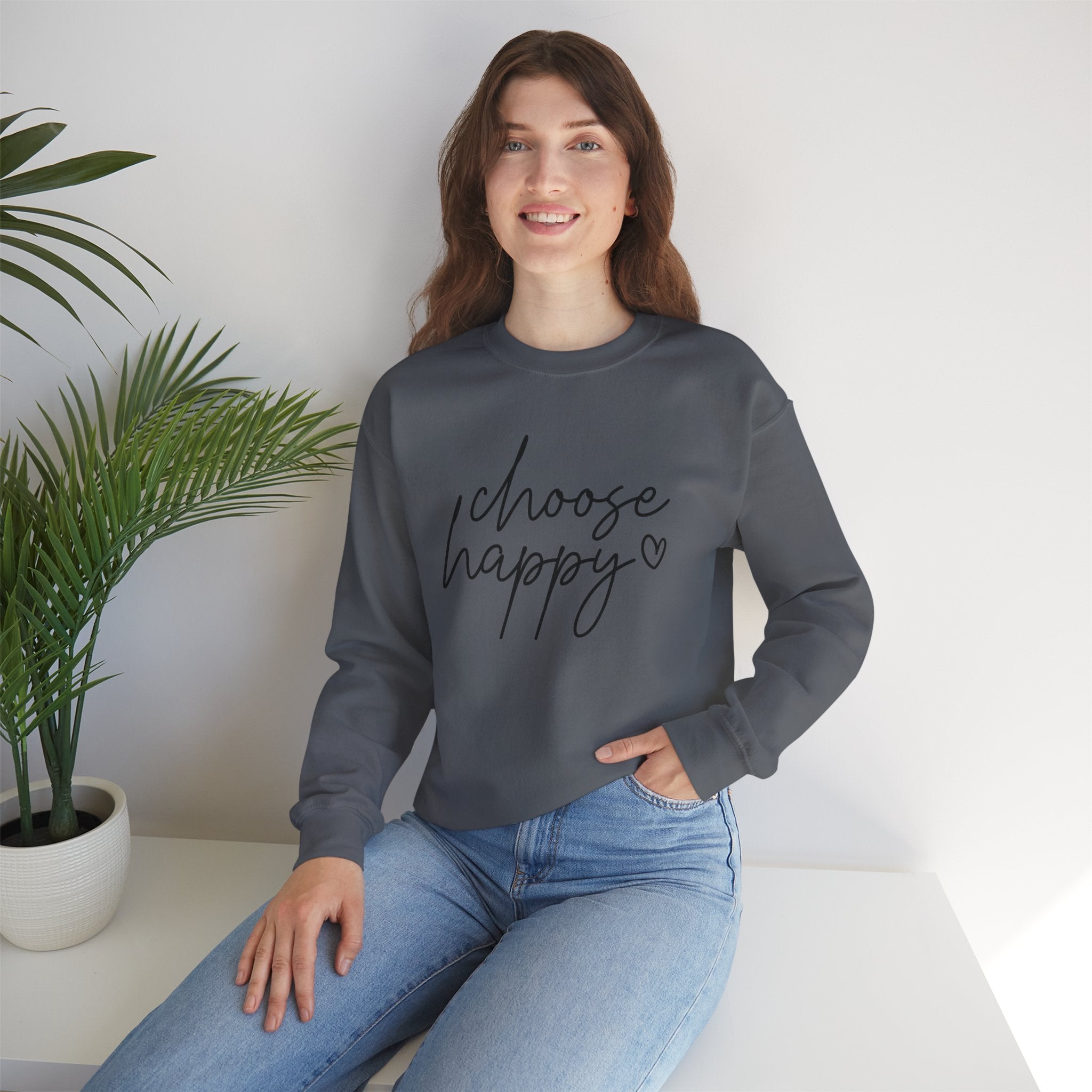 Choose Happy Crewneck Sweatshirt — Cozy Inspirational Pullover with Script Heart