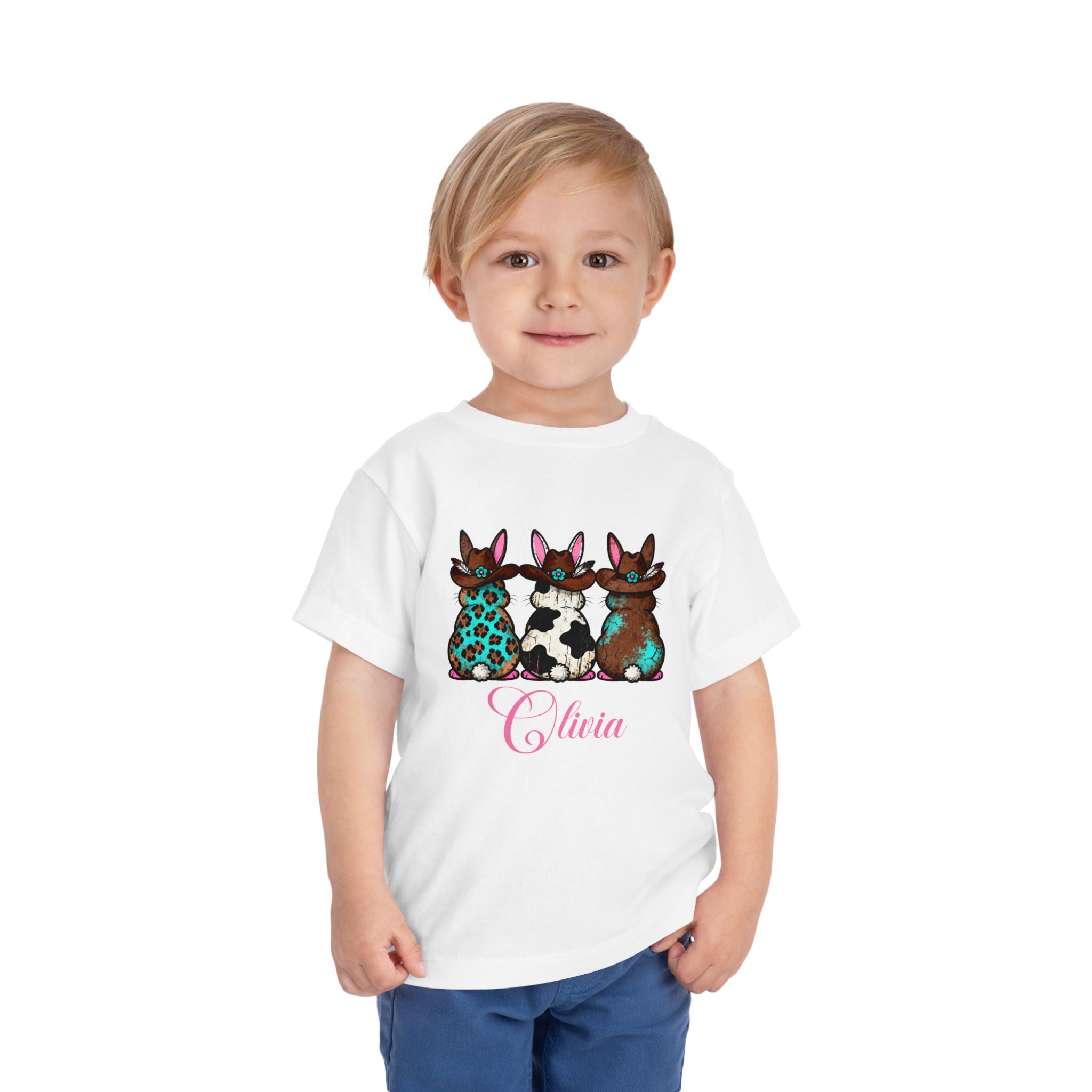Personalized Toddler Tee — Floral Bow Bunny Trio with Name