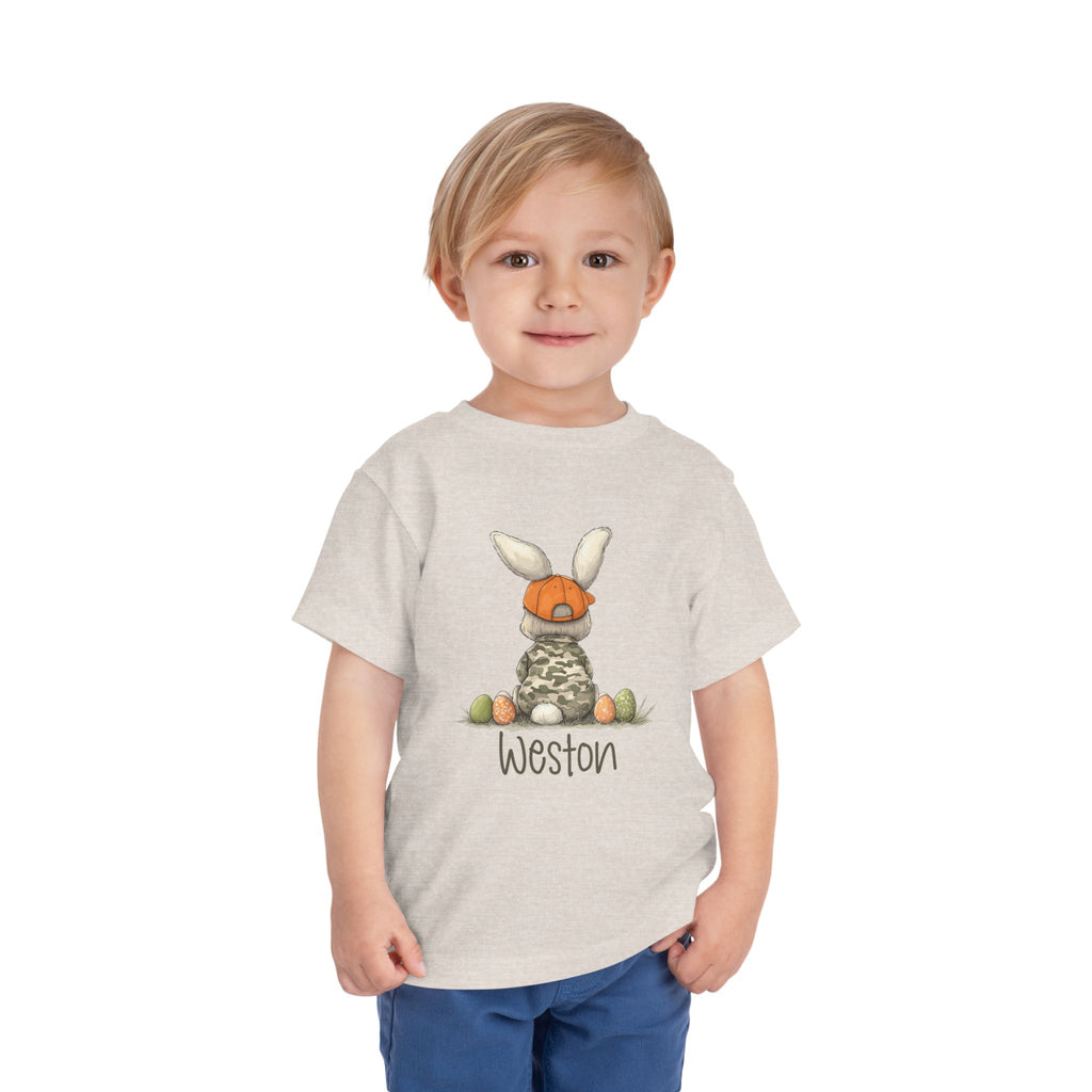 Personalized Toddler Tee — Camouflage Bunny with Orange Cap (Name Customizable)