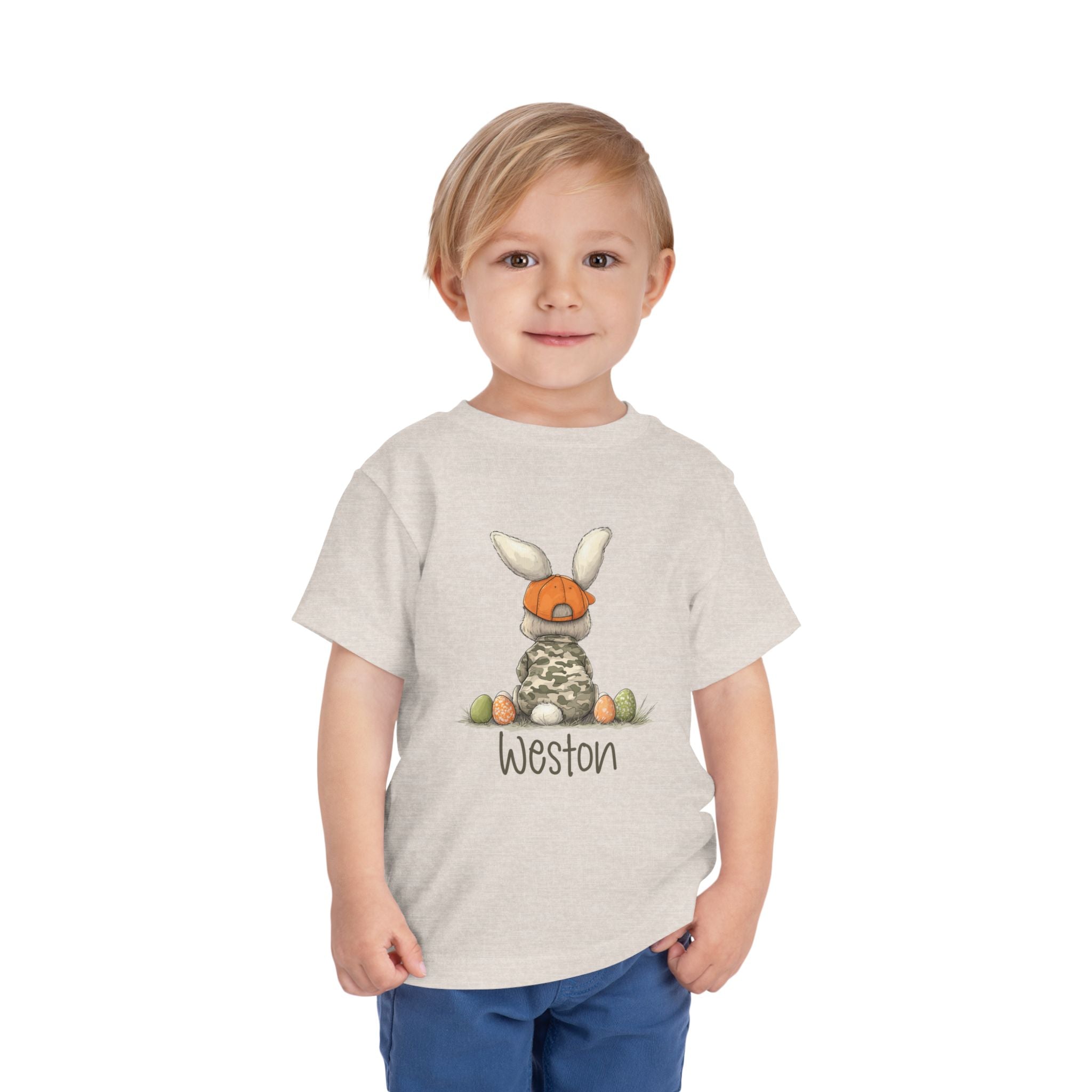 Personalized Toddler Tee — Camouflage Bunny with Orange Cap (Name Customizable)