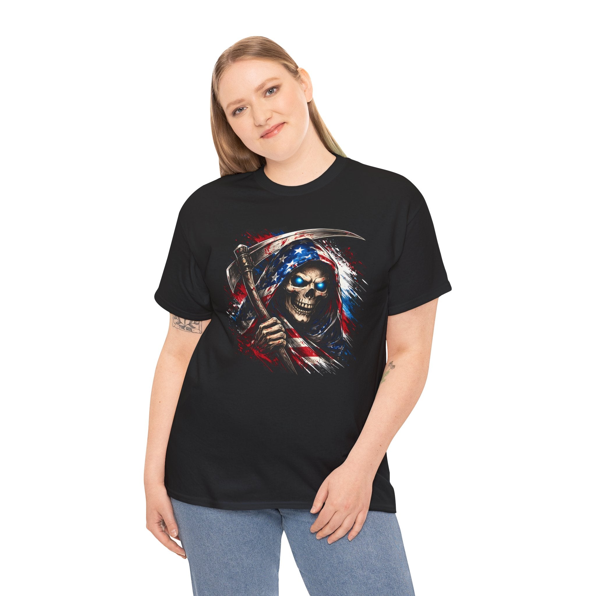 Skull Reaper T-Shirt — American Flag Grim Reaper Graphic Tee