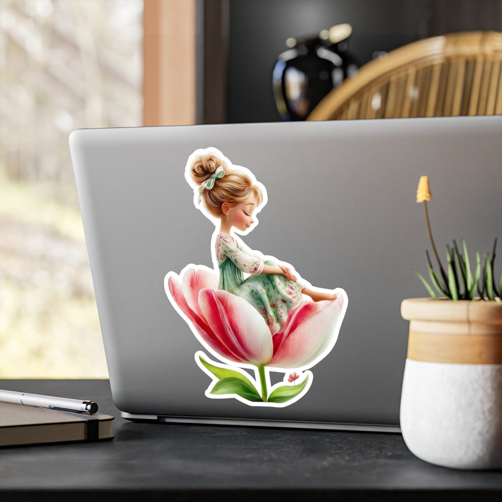 Floral Fairy Girl Kiss-Cut Vinyl Sticker — Cute Tulip Decal for Laptops, Water Bottles & Windows