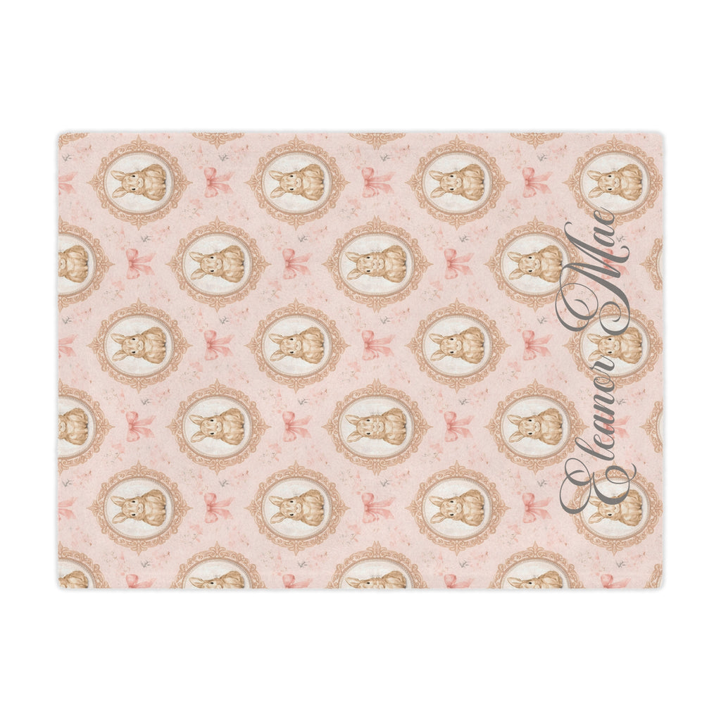 Personalized Pink Bunny Minky Blanket — Vintage Floral Nursery Throw with Name
