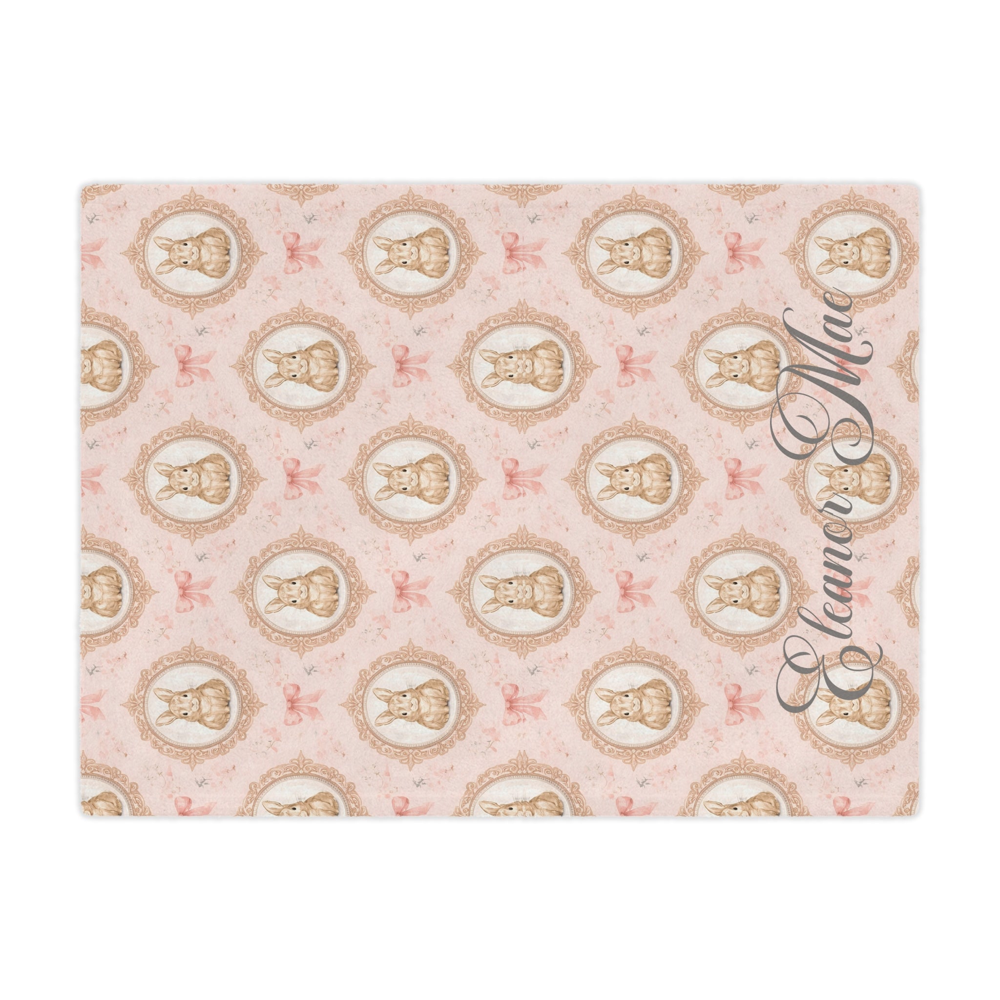 Personalized Pink Bunny Minky Blanket — Vintage Floral Nursery Throw with Name