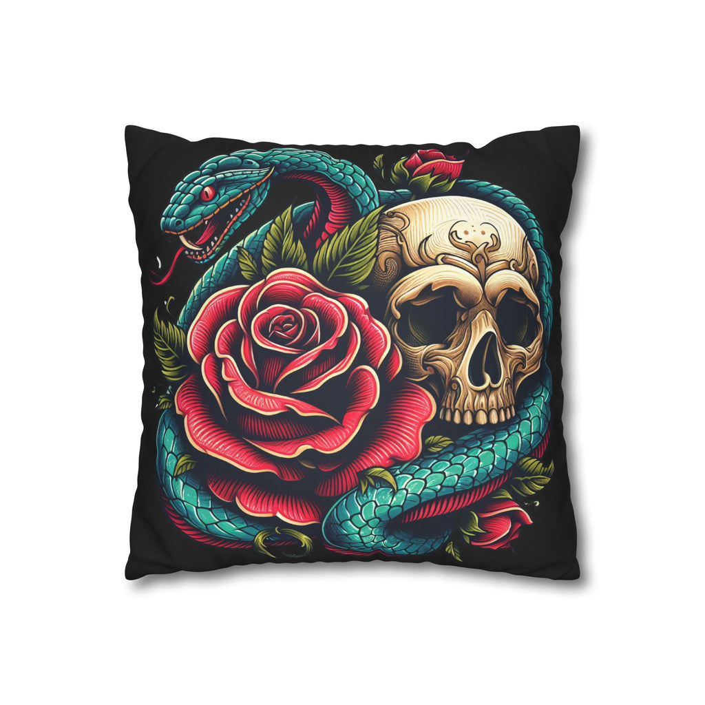 Gothic Skull, Rose & Snake Faux Suede Throw Pillow