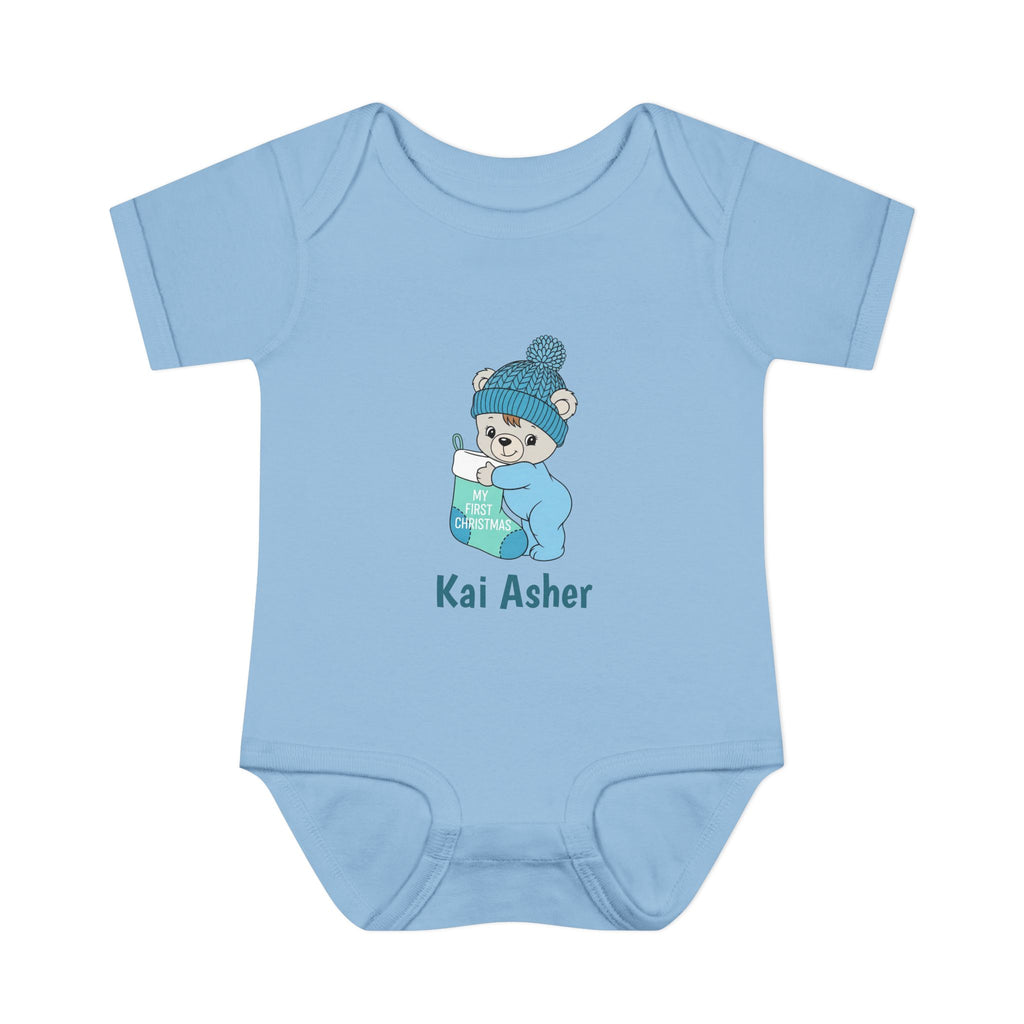 Personalized Baby Bodysuit — Blue Cozy Bear My First Christmas with Name