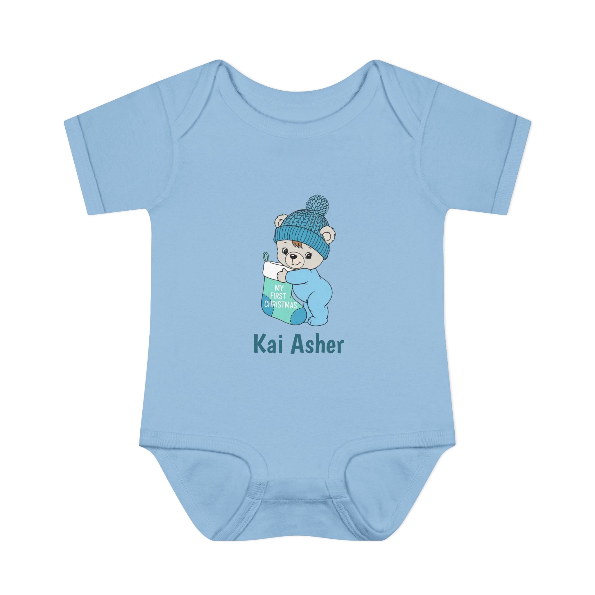 Personalized Baby Bodysuit — Blue Cozy Bear My First Christmas with Name