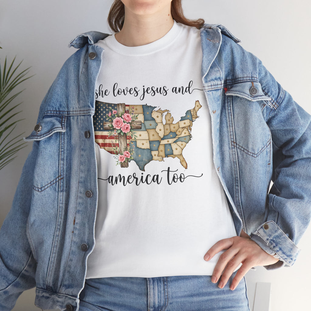 Patriotic Floral USA Tee - "She Loves Jesus and America Too" Christian Flag T-Shirt