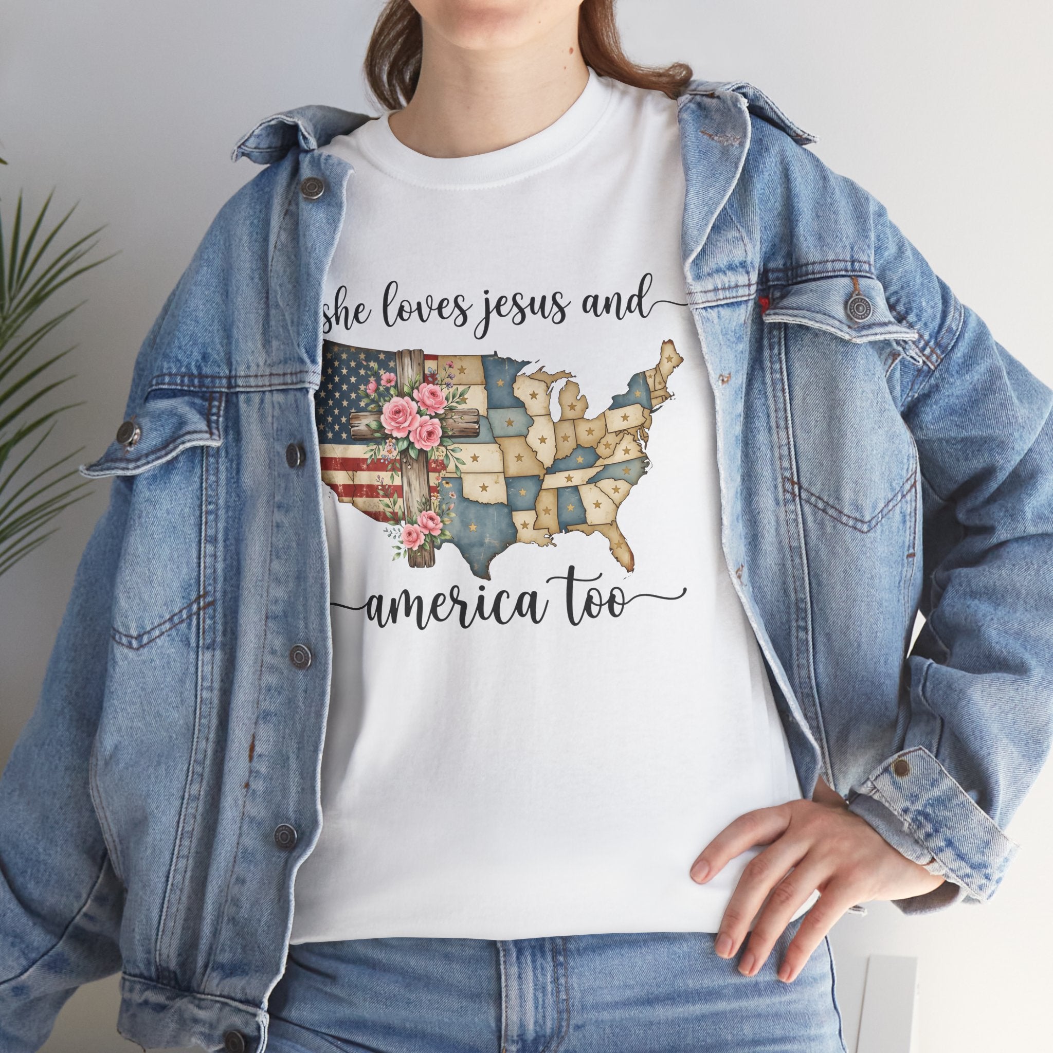 Patriotic Floral USA Tee - "She Loves Jesus and America Too" Christian Flag T-Shirt
