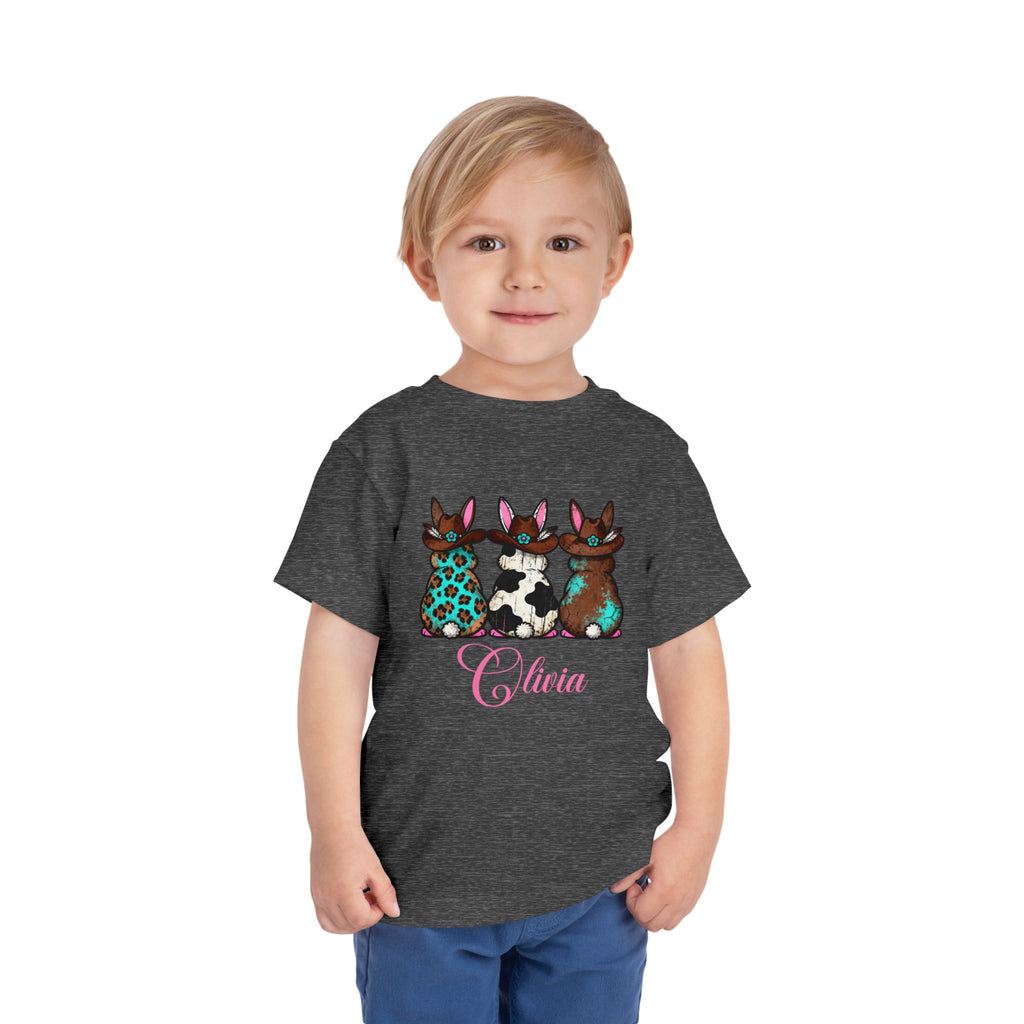 Personalized Toddler Tee — Floral Bow Bunny Trio with Name