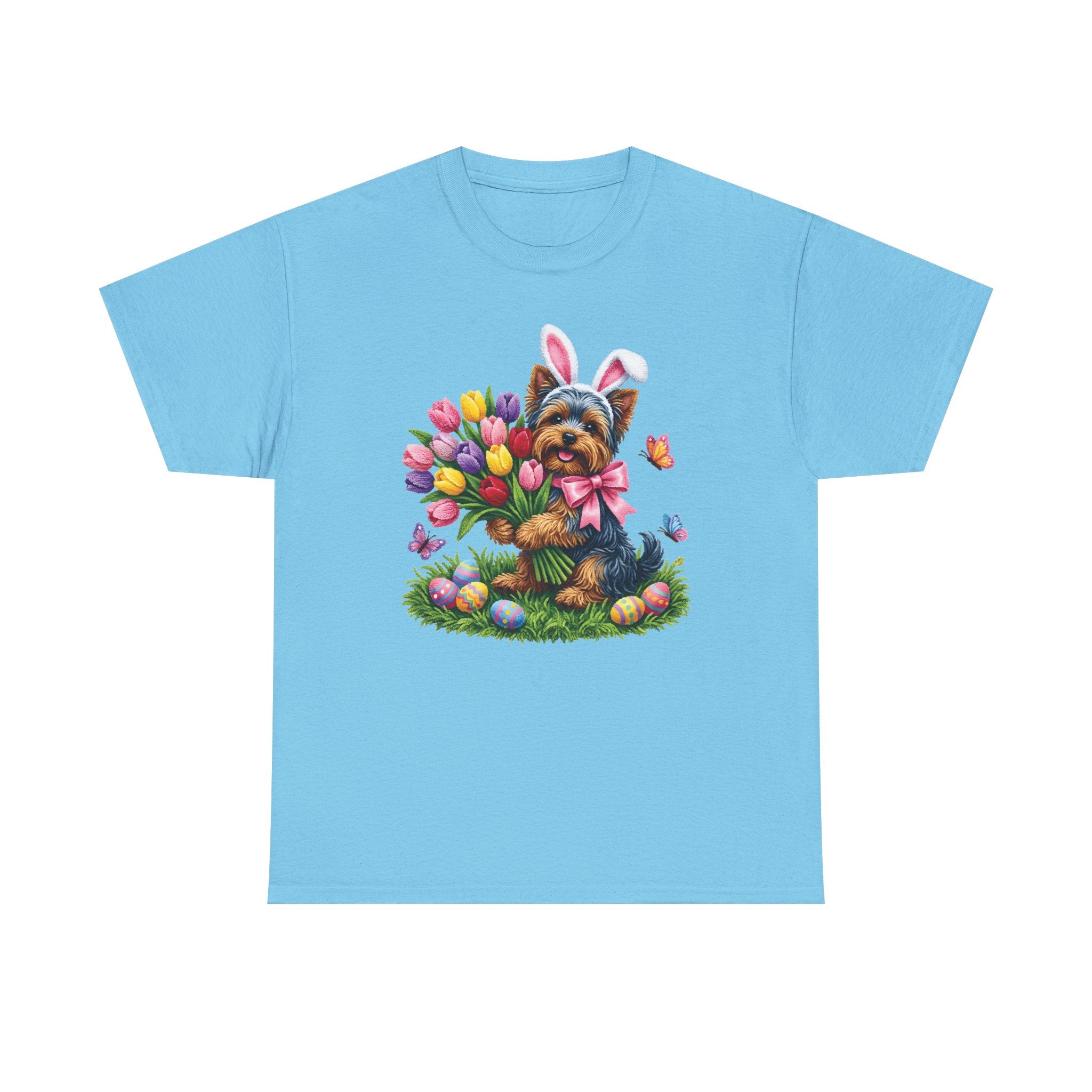 Easter Yorkie Tee — Cute Puppy with Tulips & Bunny Ears Graphic Shirt
