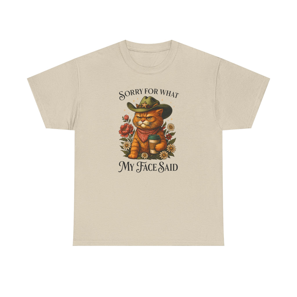 Funny Cat T-Shirt - "Sorry for What My Face Said" Country Cowboy Cat Graphic Tee