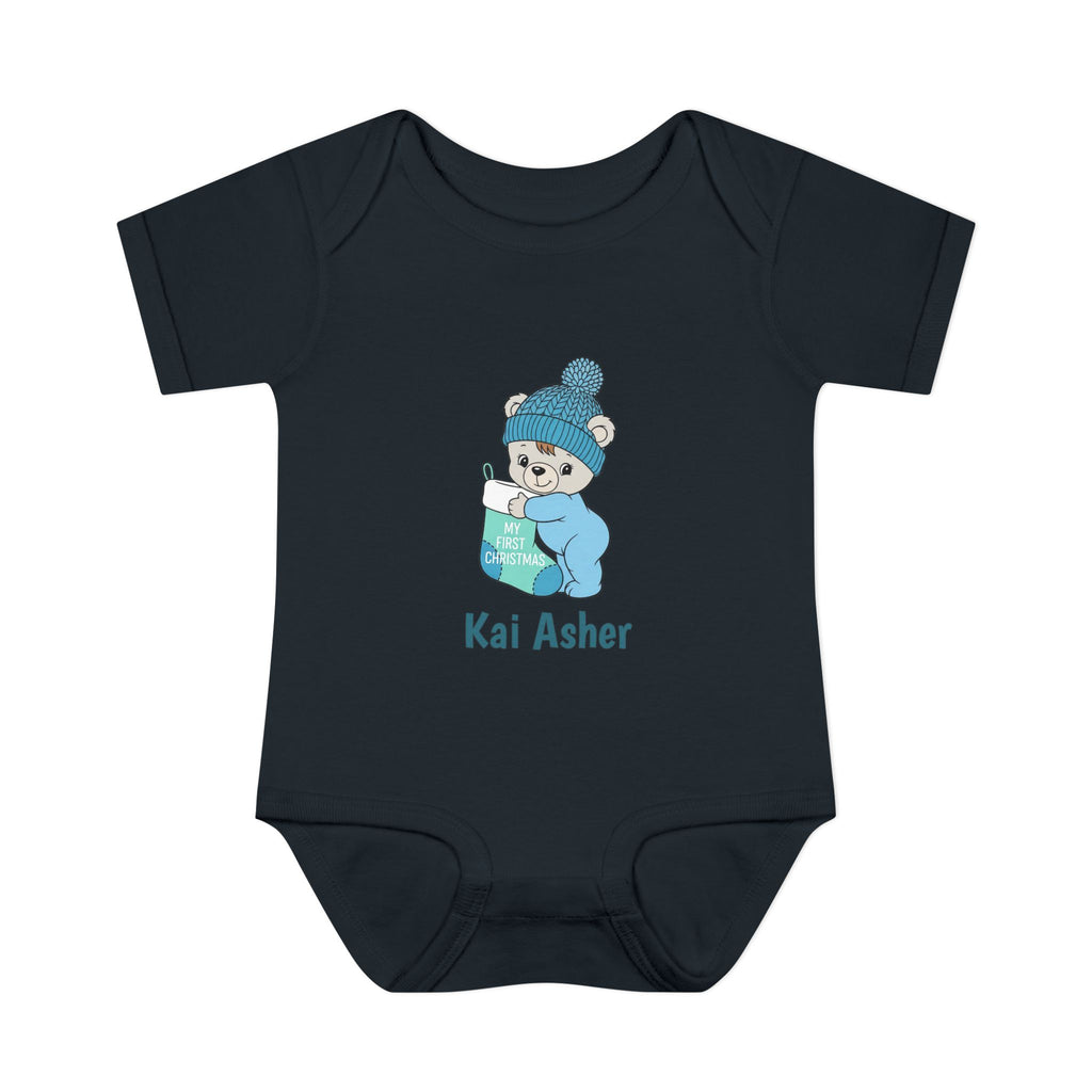 Personalized Baby Bodysuit — Blue Cozy Bear My First Christmas with Name