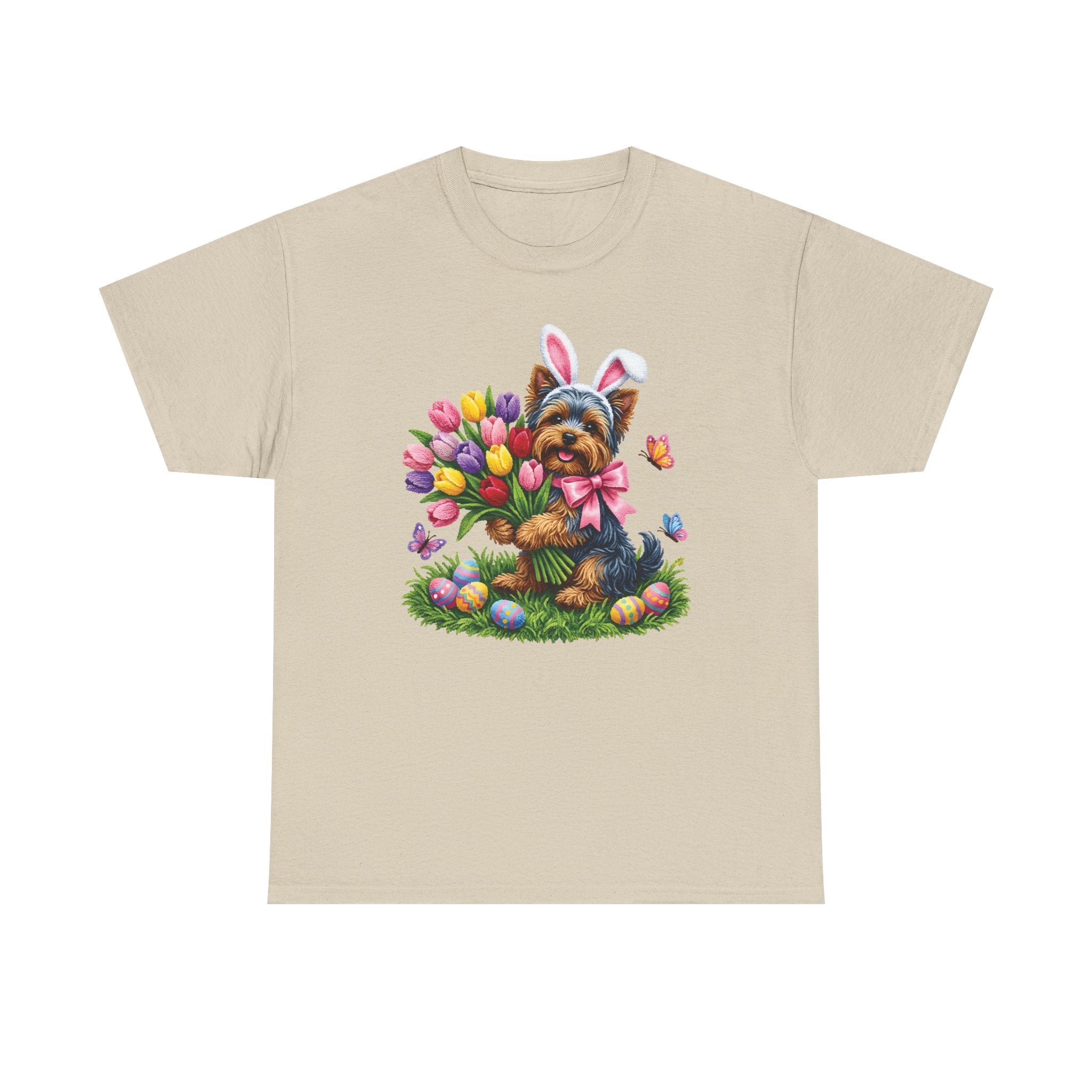 Easter Yorkie Tee — Cute Puppy with Tulips & Bunny Ears Graphic Shirt